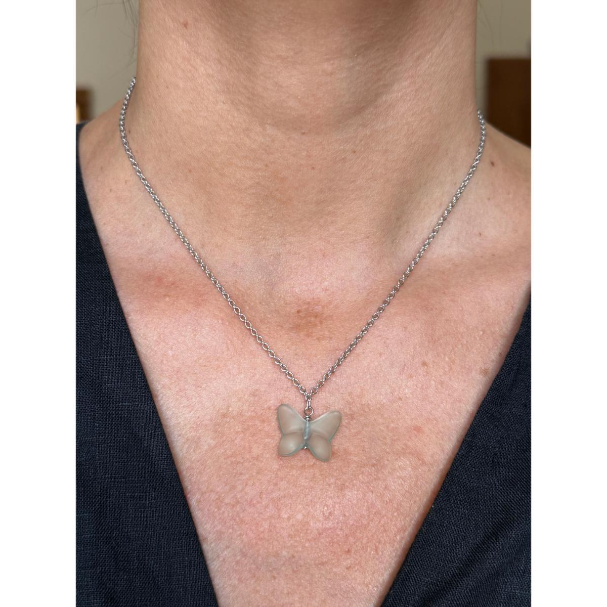 Lalique Papillon Lagoon Crystal Silver Chain Butterfly Necklace 10753000