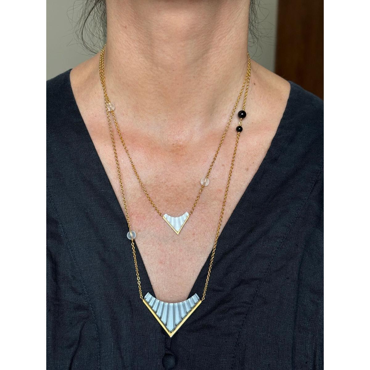 Lalique 1925 Crystal Onyx Gold Plated Sautoir Necklace 10679700