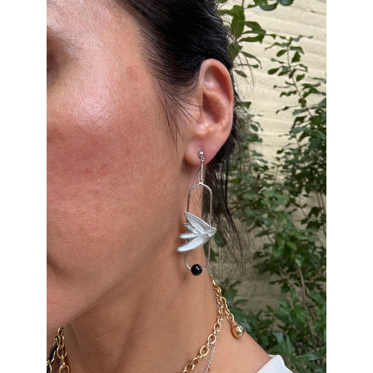 Lalique Hirondelles Swallows Sterling Silver Crystal Onyx Earrings 10628400