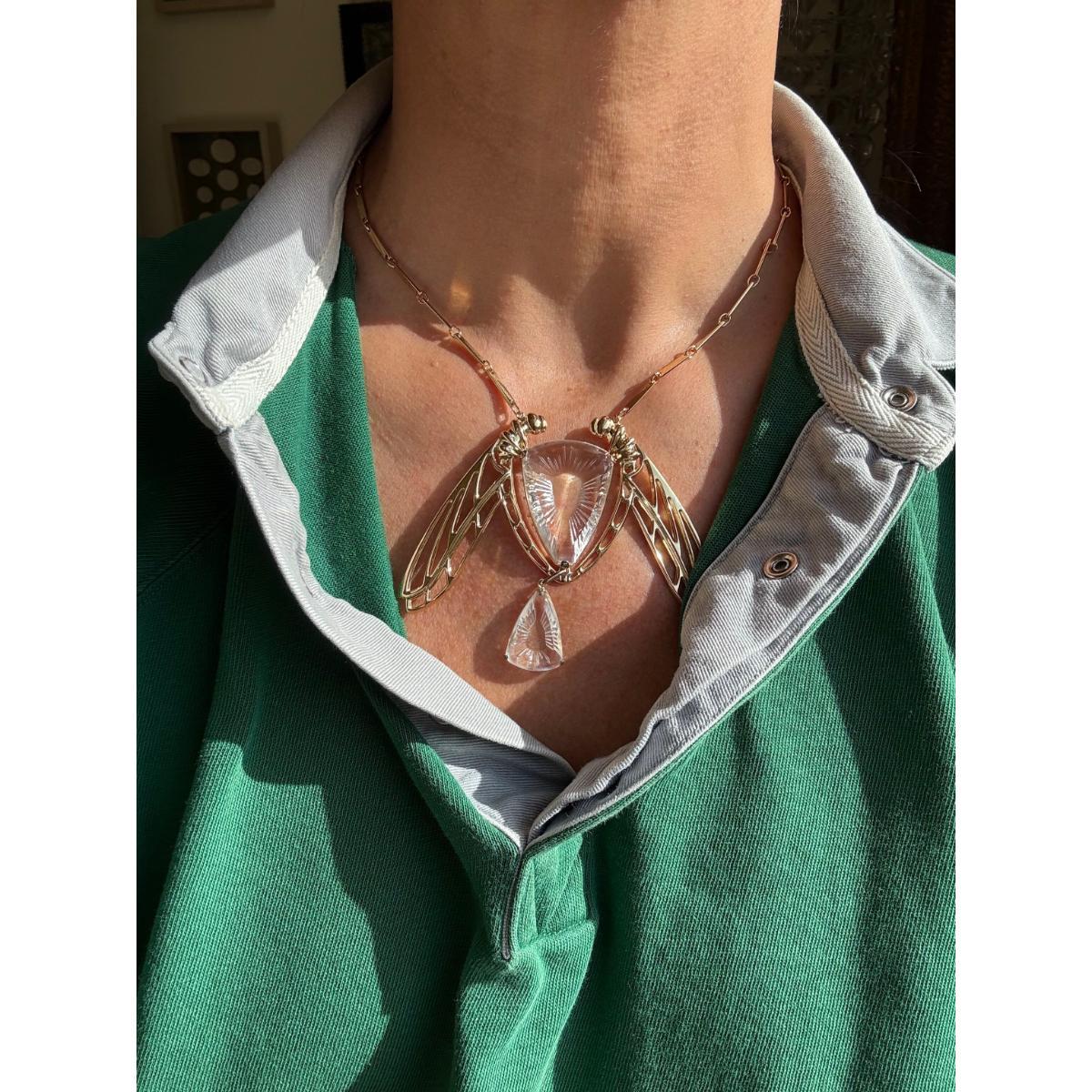 Lalique Ice Light Crystal Dragonfly Gold Plated Silver Necklace 10041900