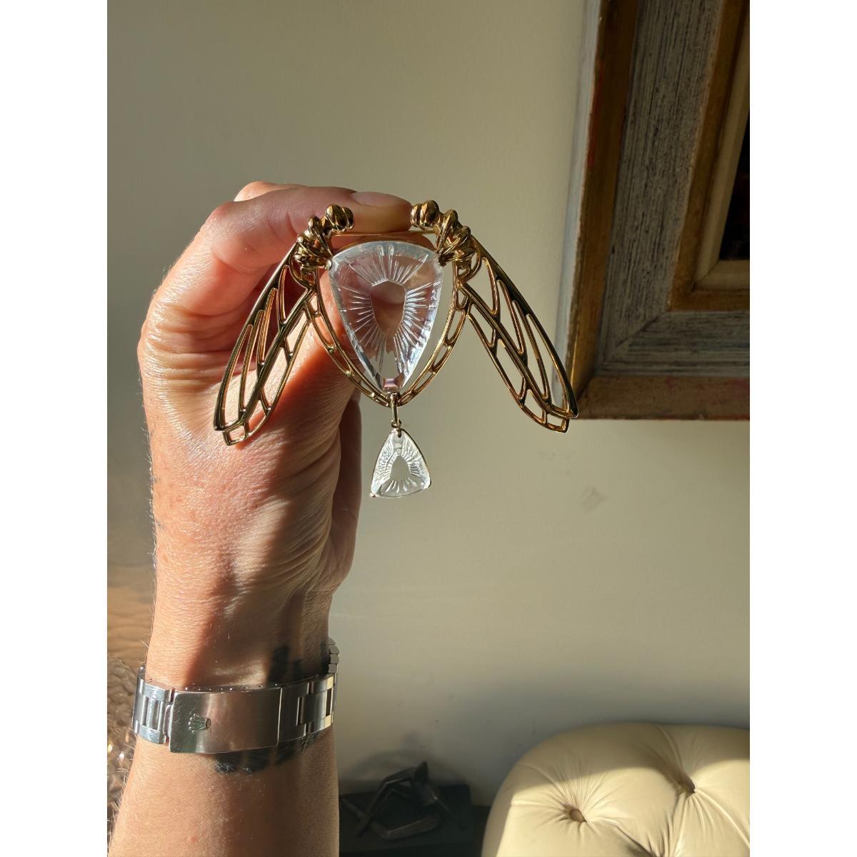 Lalique Ice Light Clear Crystal Gold Plated Silver Dragonfly Brooch 10041200