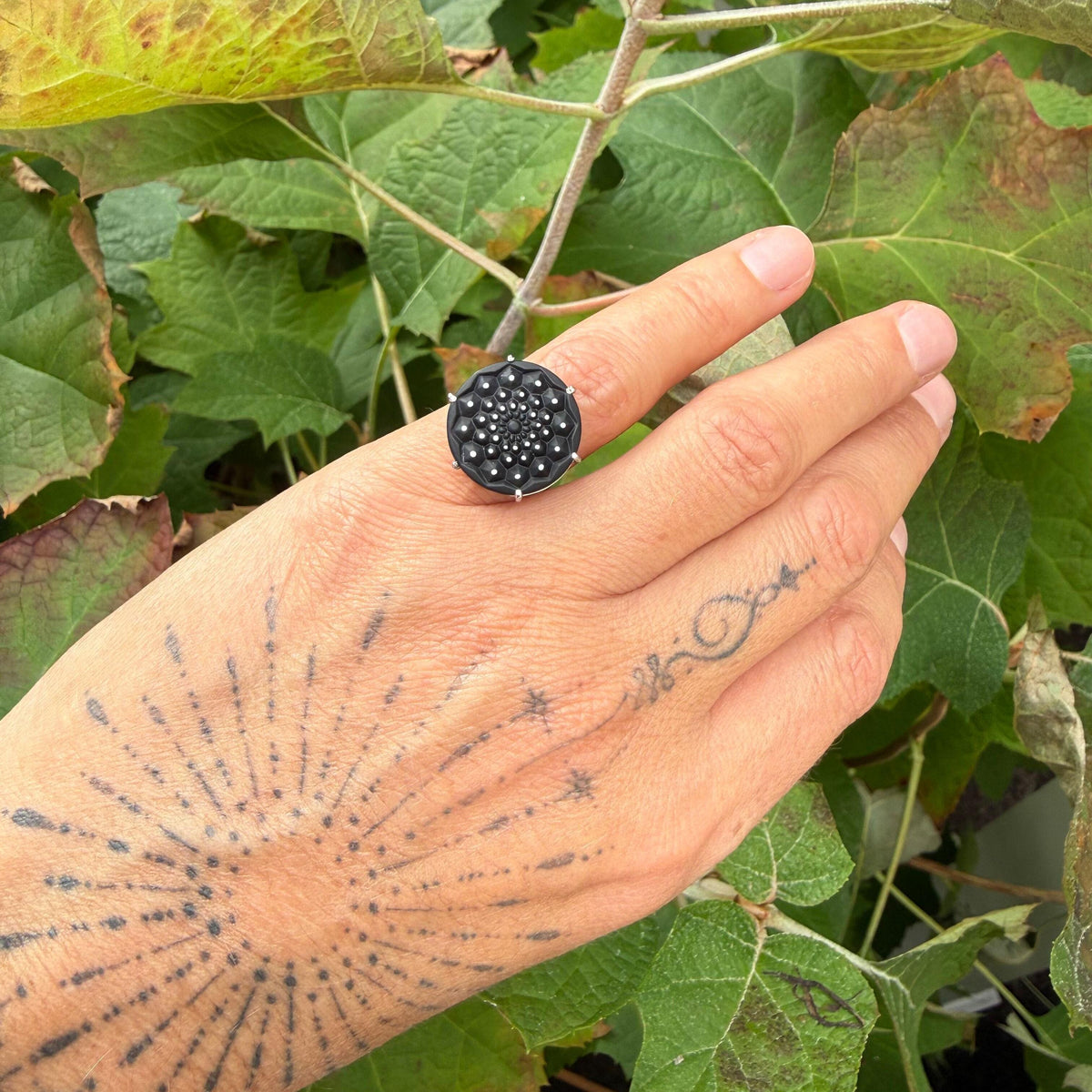 Lalique Cactus Black Crystal Sterling Silver Ring 10274700