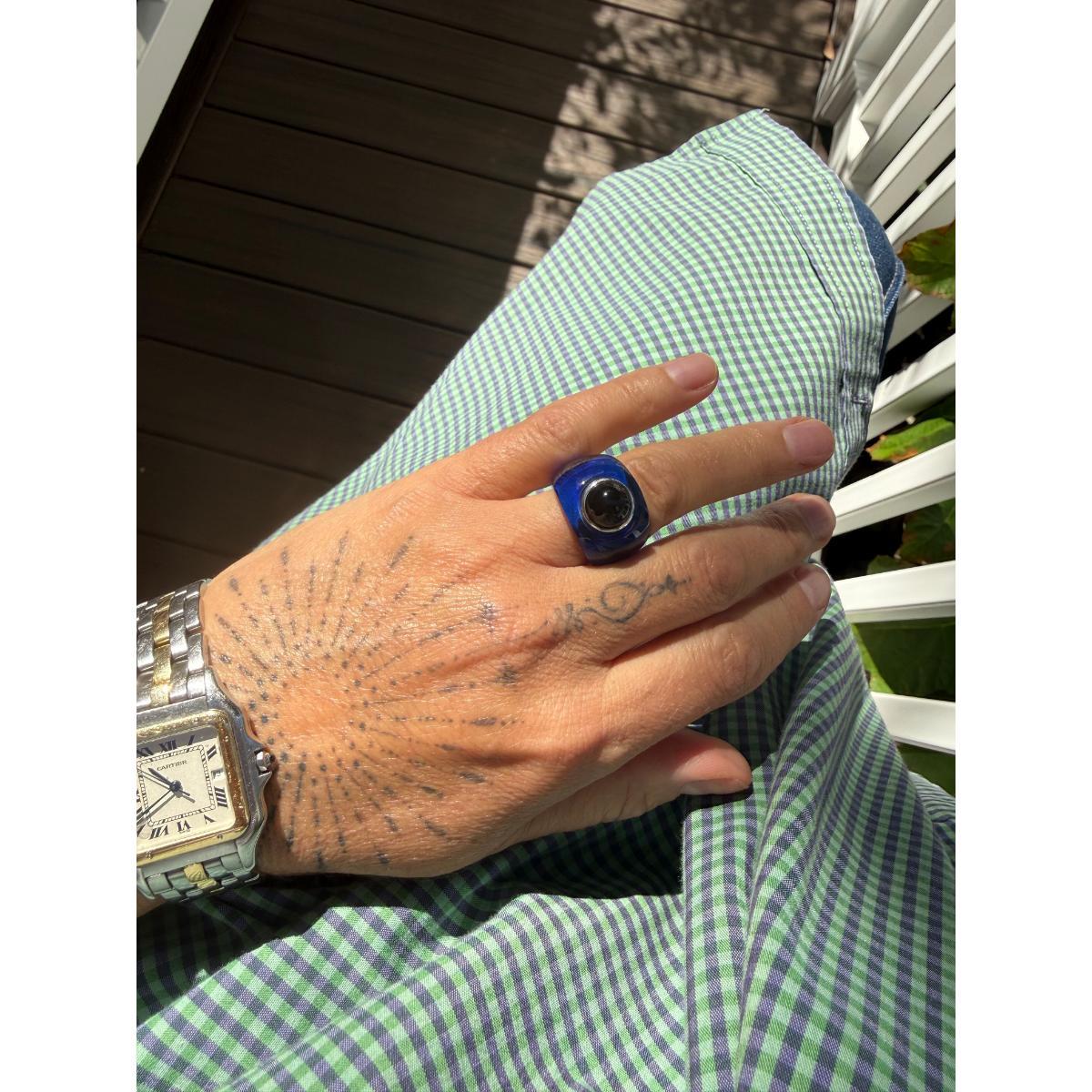Lalique Charmante Blue Crystal Black Cabochon Sterling Ring 10451900