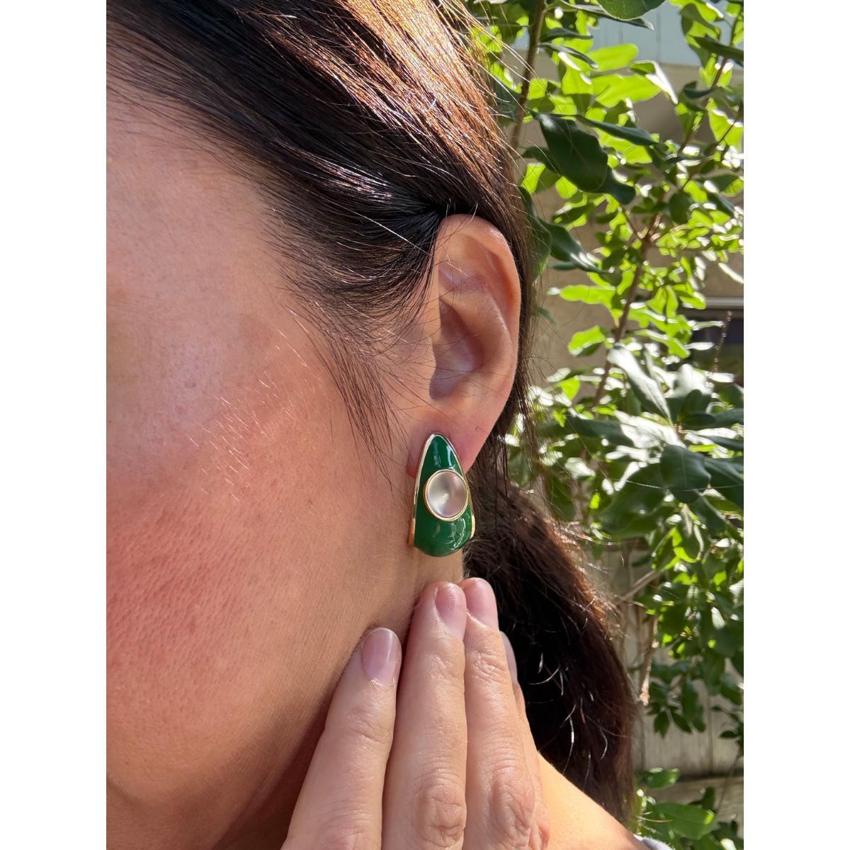 Lalique Charmante Clear Crystal Green Enamel Vermeil Clip Earrings 10454100
