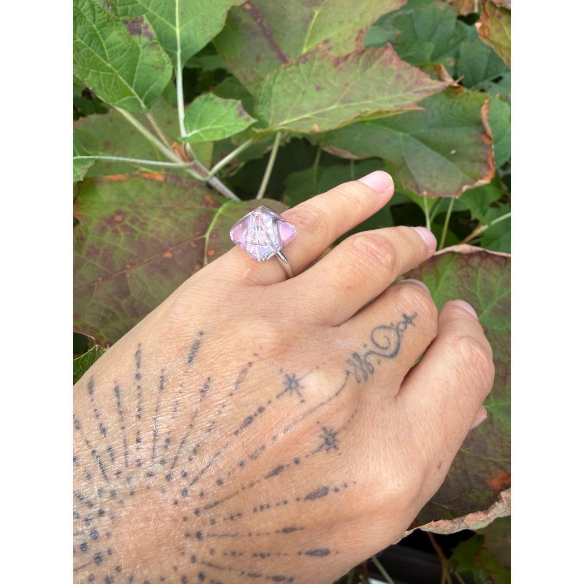 Lalique Pink Crystal Cabochon Sterling Silver Ring 10386200
