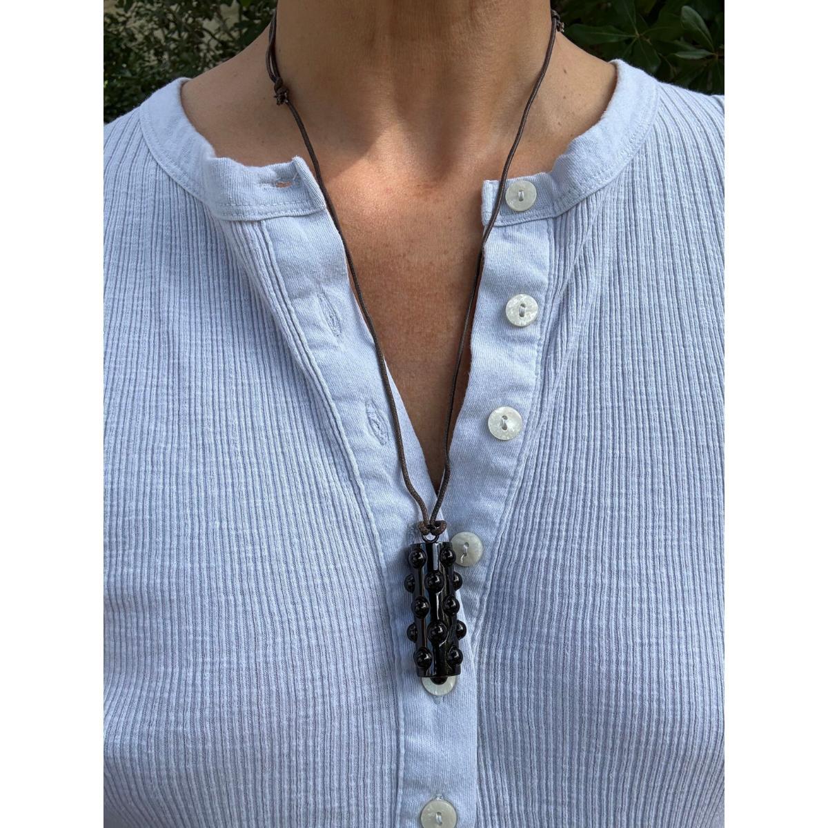 Lalique Mossi Black Crystal Silver Tube Pendant Cord Necklace 7770100