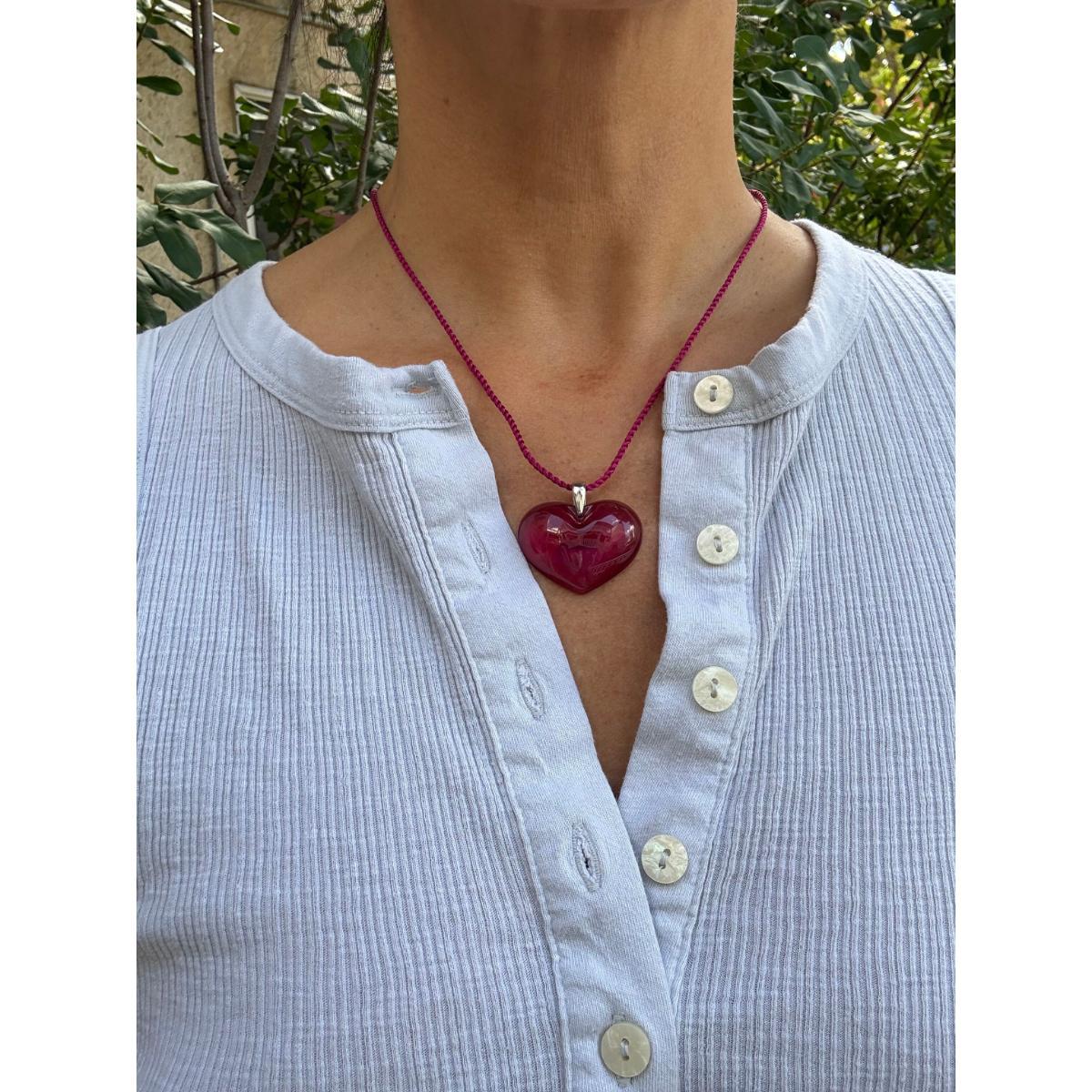 Lalique Amour A La Folie Fuchsia Crystal Silver Heart Pendant Necklace 7783700
