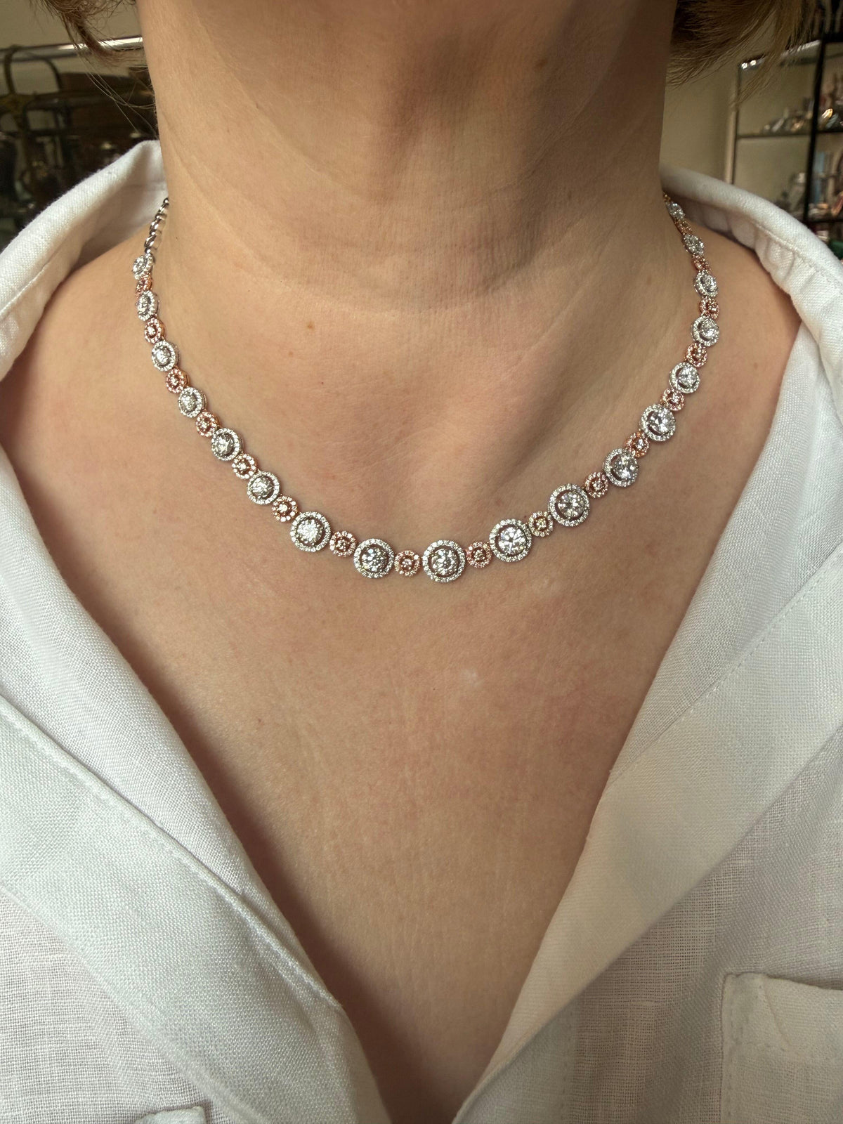 18k Two Tone Gold 10.50ctw Fancy Pink White Diamond Necklace