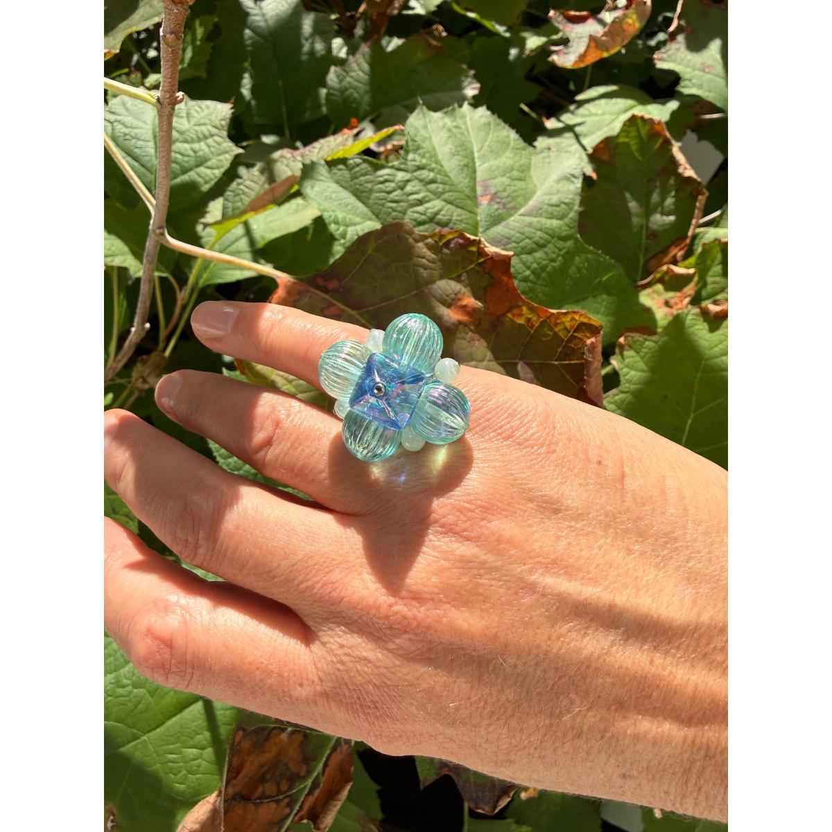 Lalique Charmante Blue Color Crystal Sterling Silver Cocktail Ring 10392700