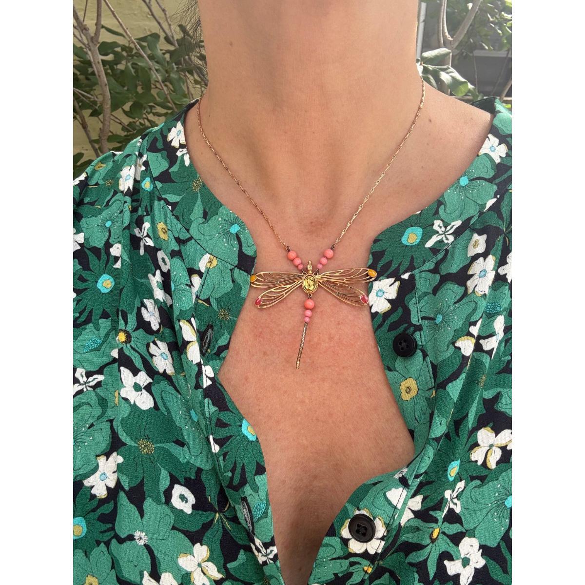 Lalique Dragonfly Libellule Pink Yellow Crystal Vermeil Silver Necklace 10383600