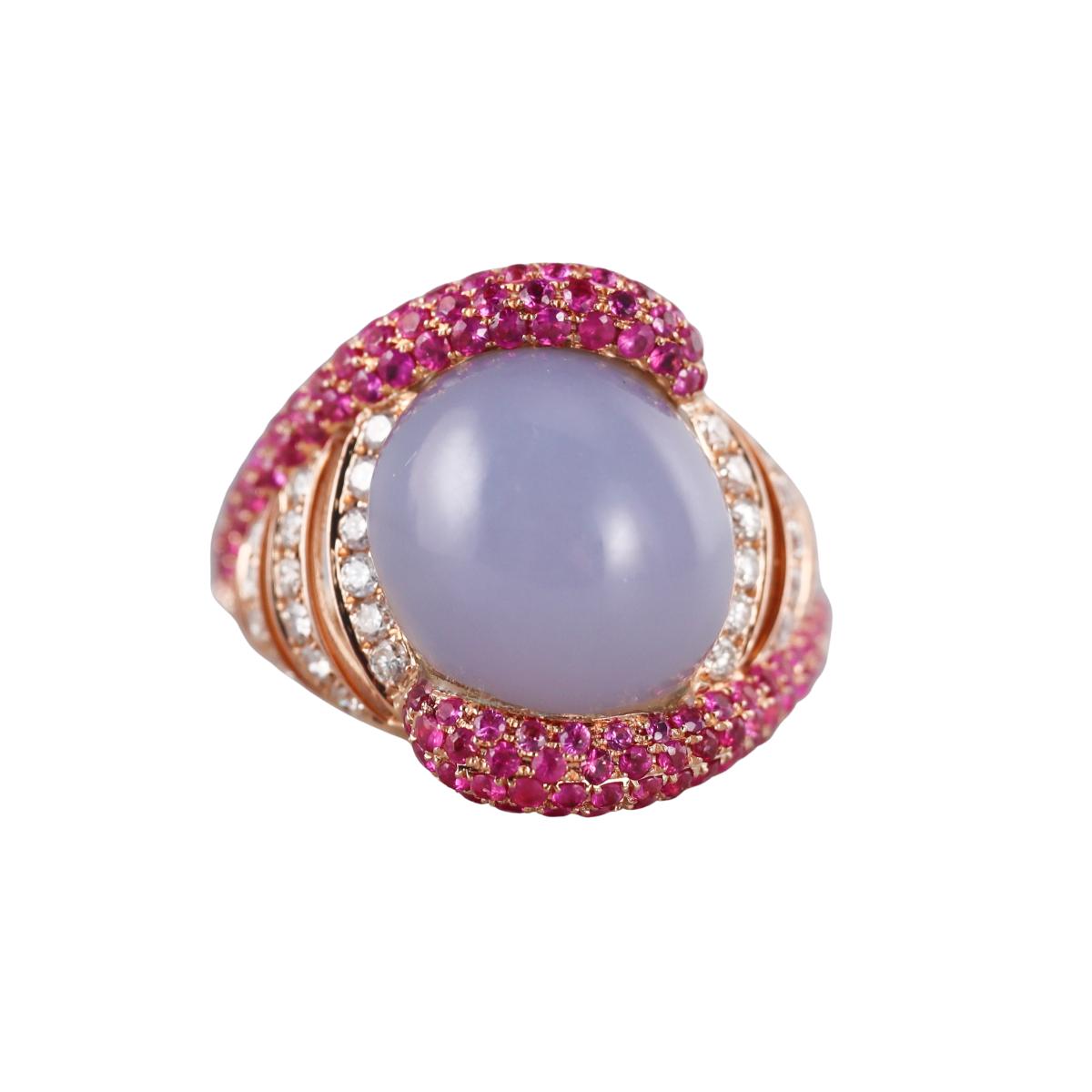 18k Gold Pink Sapphire Chalcedony Diamond Ring