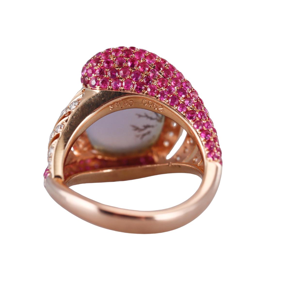 18k Gold Pink Sapphire Chalcedony Diamond Ring