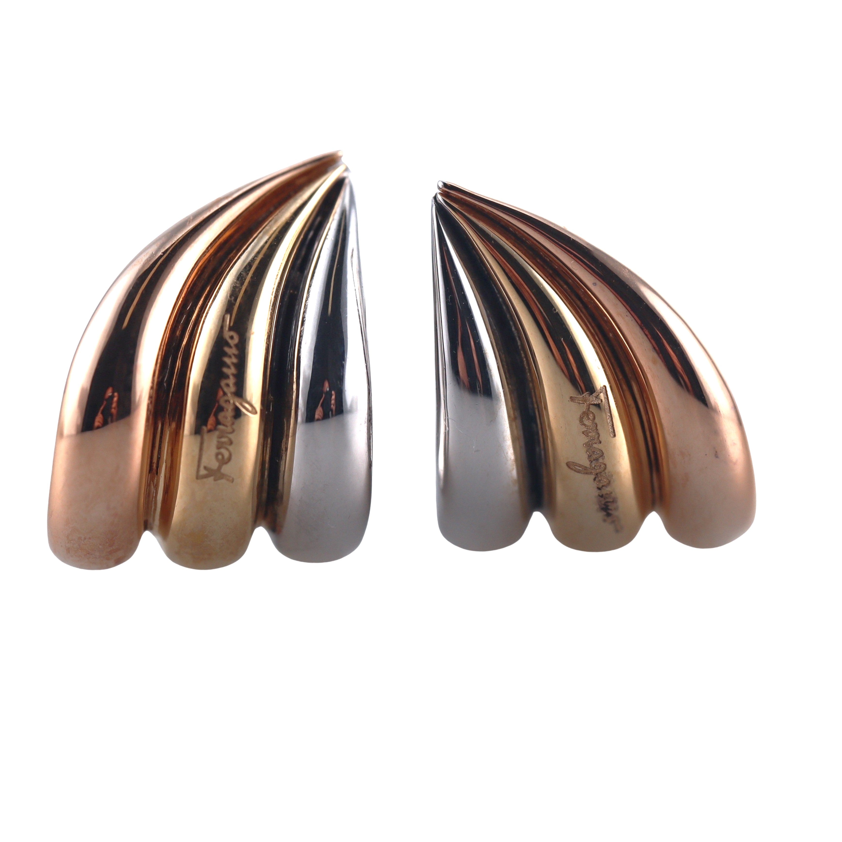 Salvatore Ferragamo Wedge Sterling Silver and Gold Plated Huggie Earrings 703427