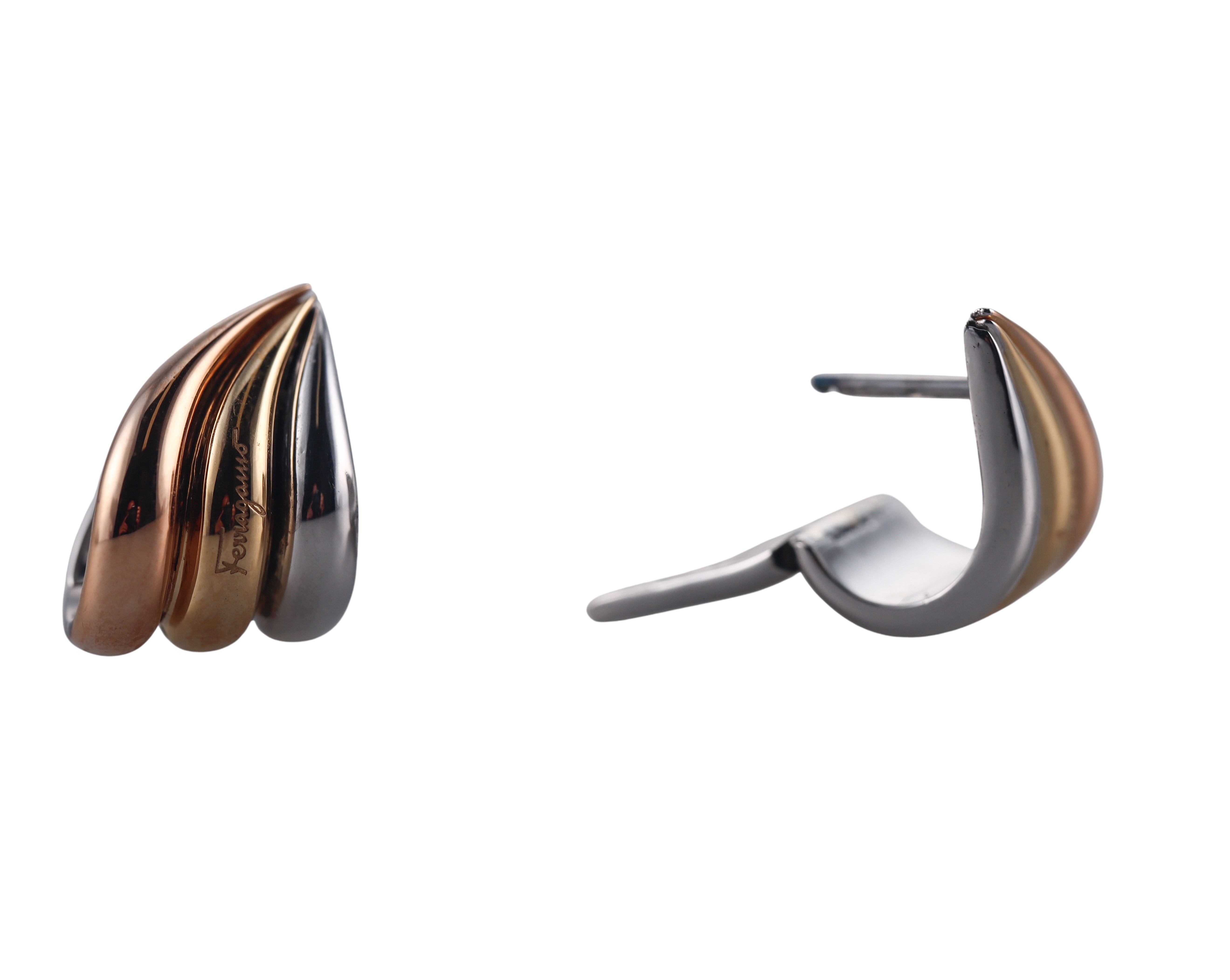 Salvatore Ferragamo Wedge Sterling Silver and Gold Plated Huggie Earrings 703427