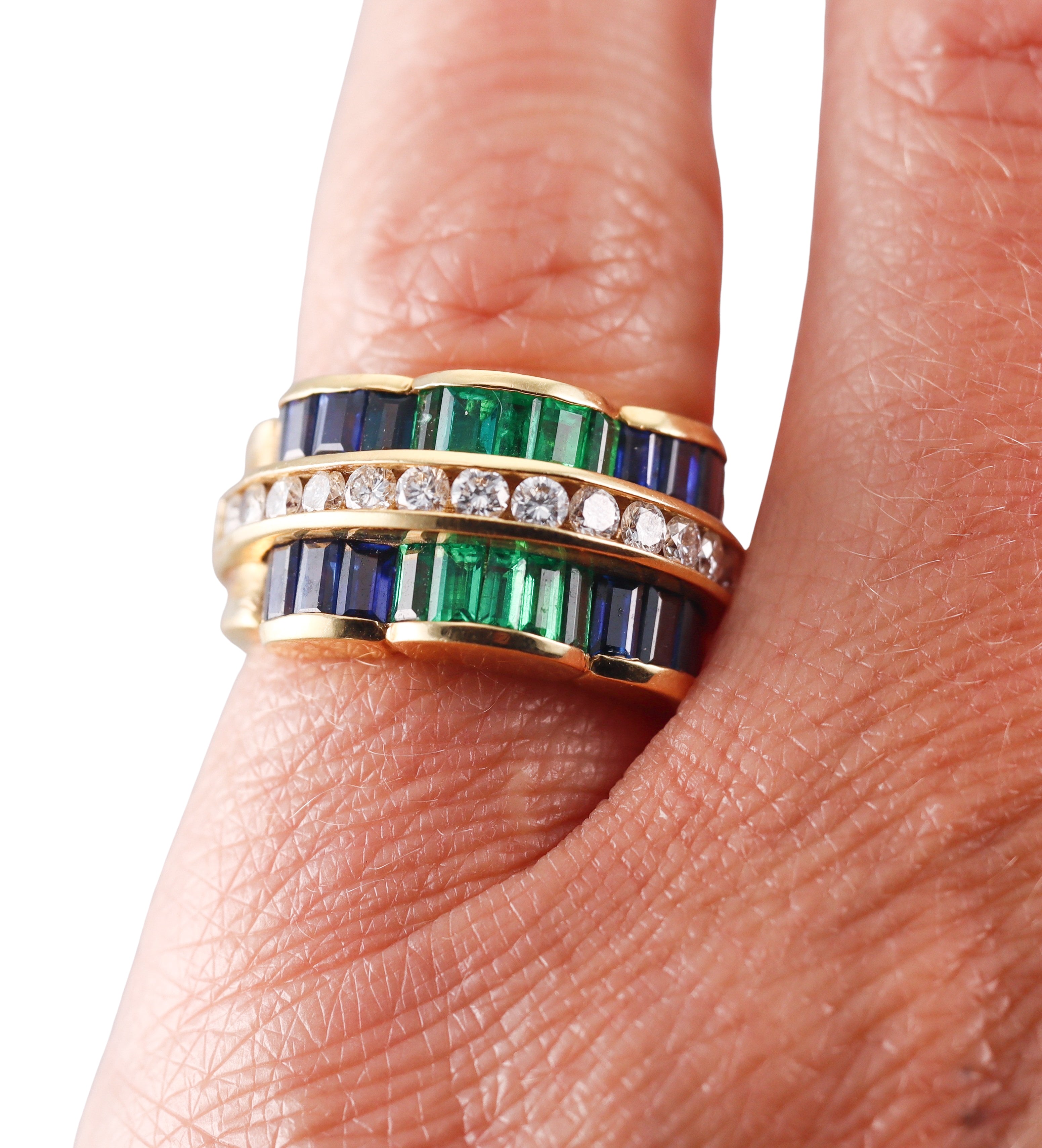 Charles Krypell 18k Gold Diamond Sapphire Emerald Ring