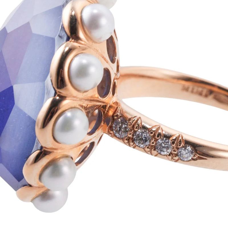 Mimi Milano Belle Blue Crystal Pearl Gold Ring