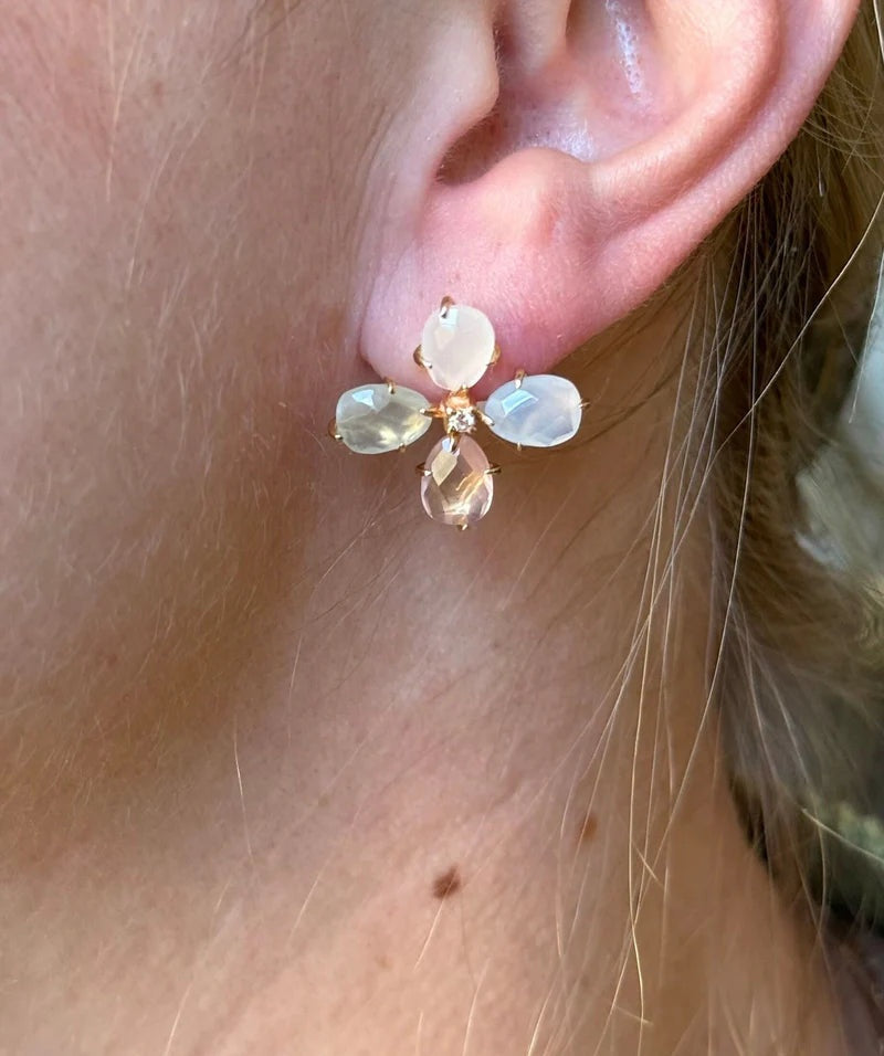 Mimi Milano Diamond Rose Quartz Prehnite Chalcedony Flower Gold Earrings