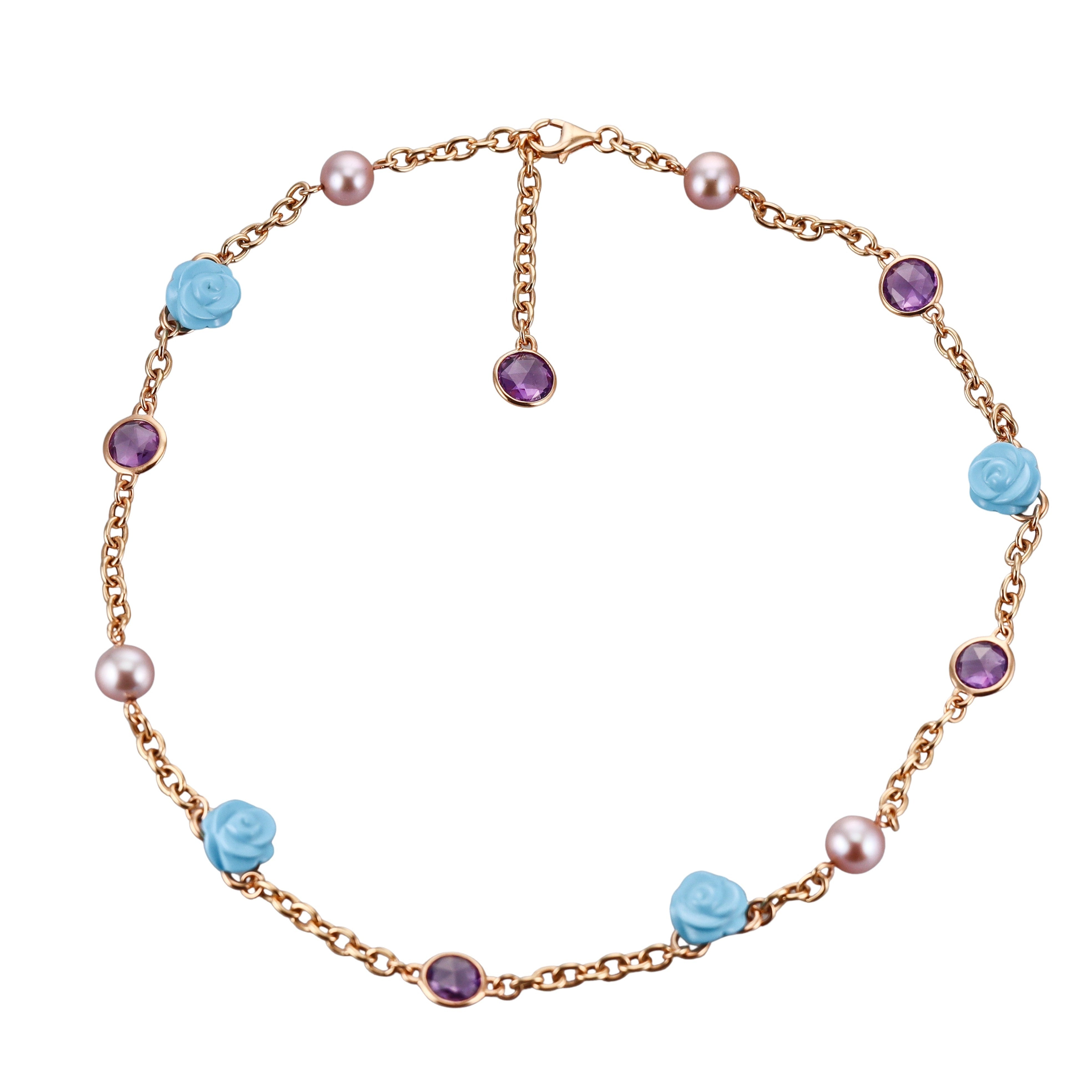 Mimi Milano Grace Rose Gold Turquoise Pearl Amethyst Necklace