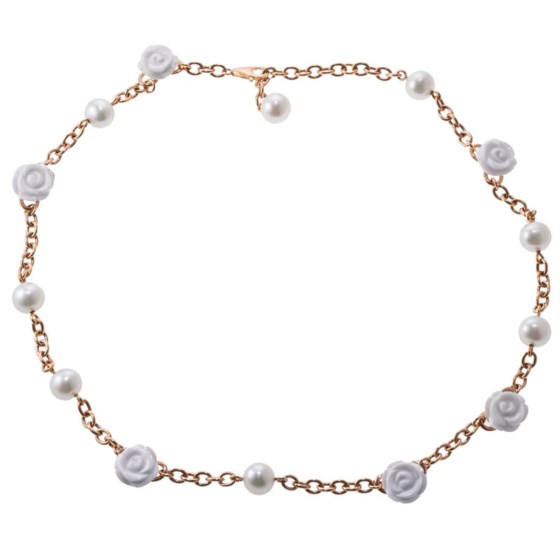 Mimi Milano Grace White Agate Pearl Flower Gold Necklace