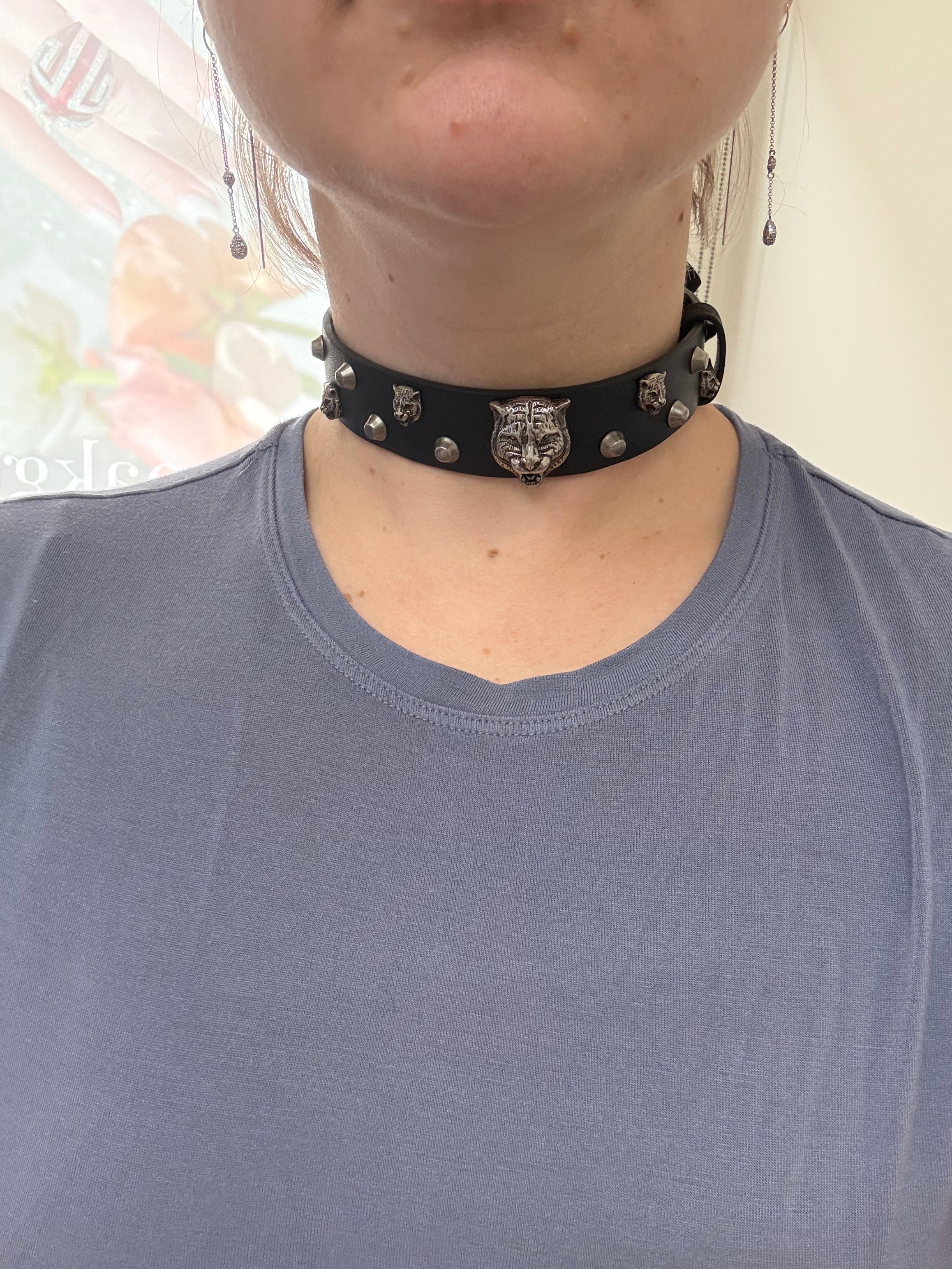 Gucci Leather Marche de Marveilles Feline Head Studded Collar Necklace