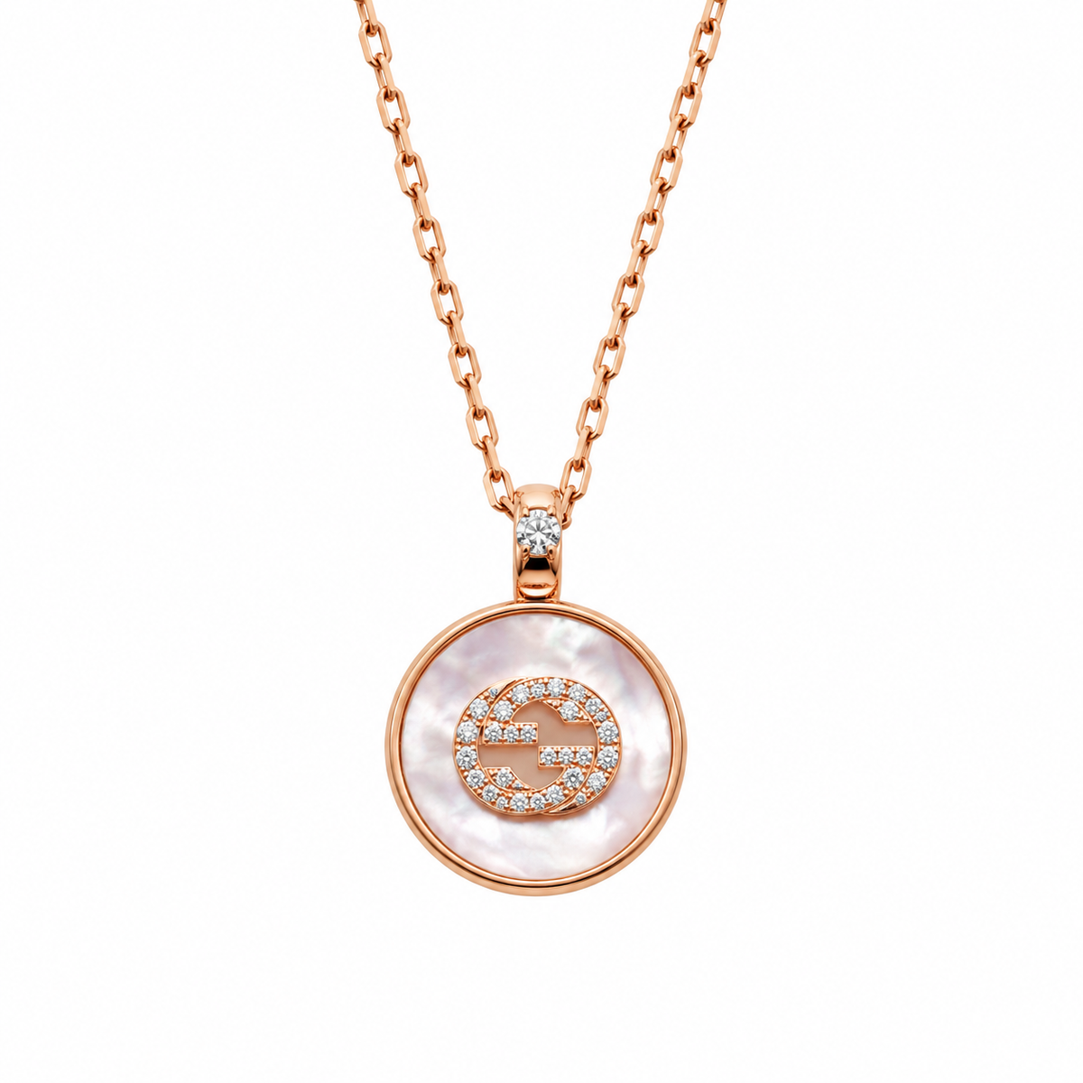 Gucci Interlocking G 18K Gold Diamond Mother Of Pearl Pendant Necklace