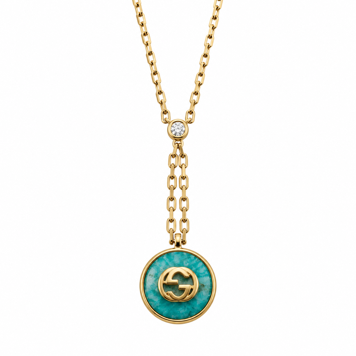 Gucci Interlocking G 18K Gold Diamond Amazonite Pendant Necklace