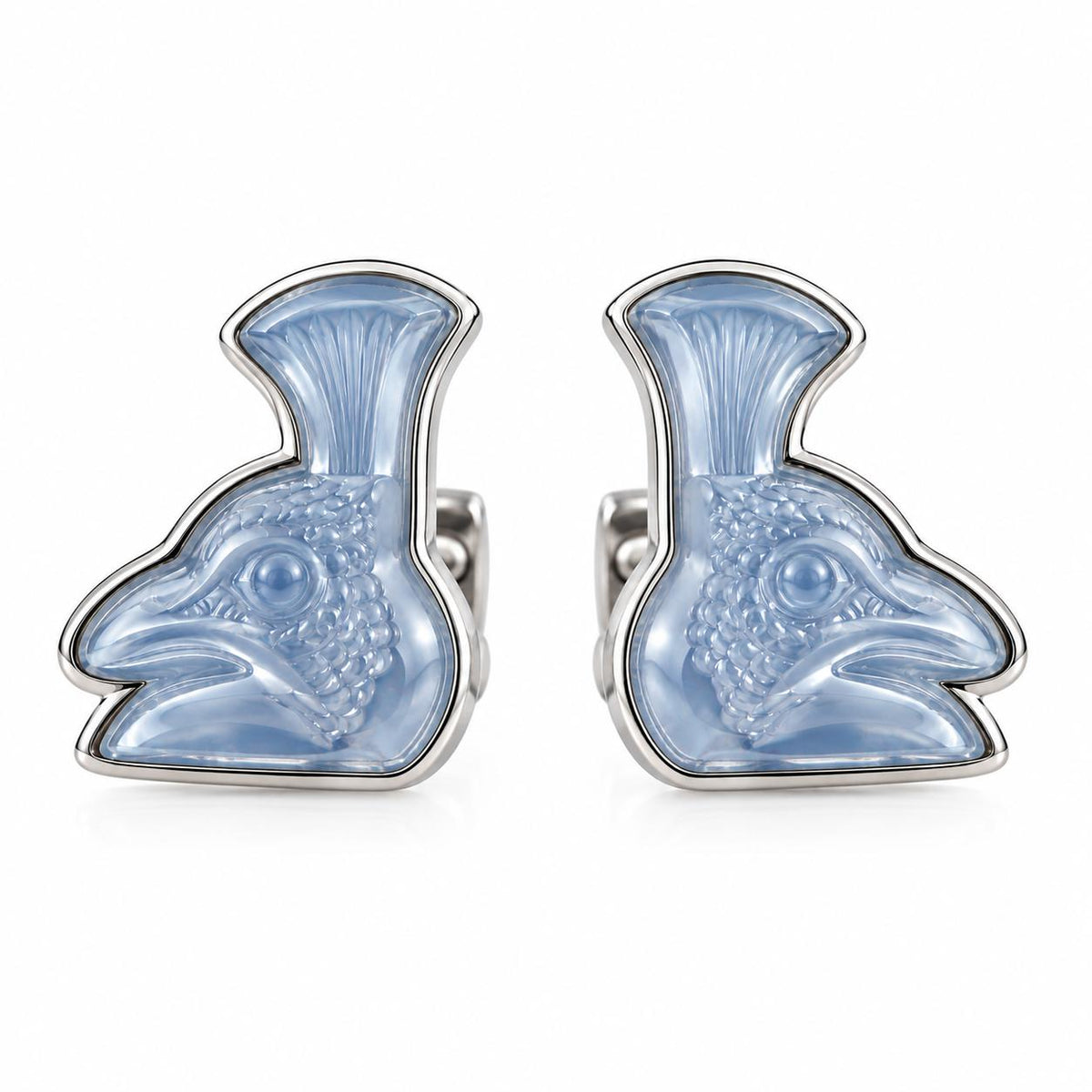 Lalique Paon Mascottes Peacock Blue Crystal Sterling Silver Cufflinks 10388300