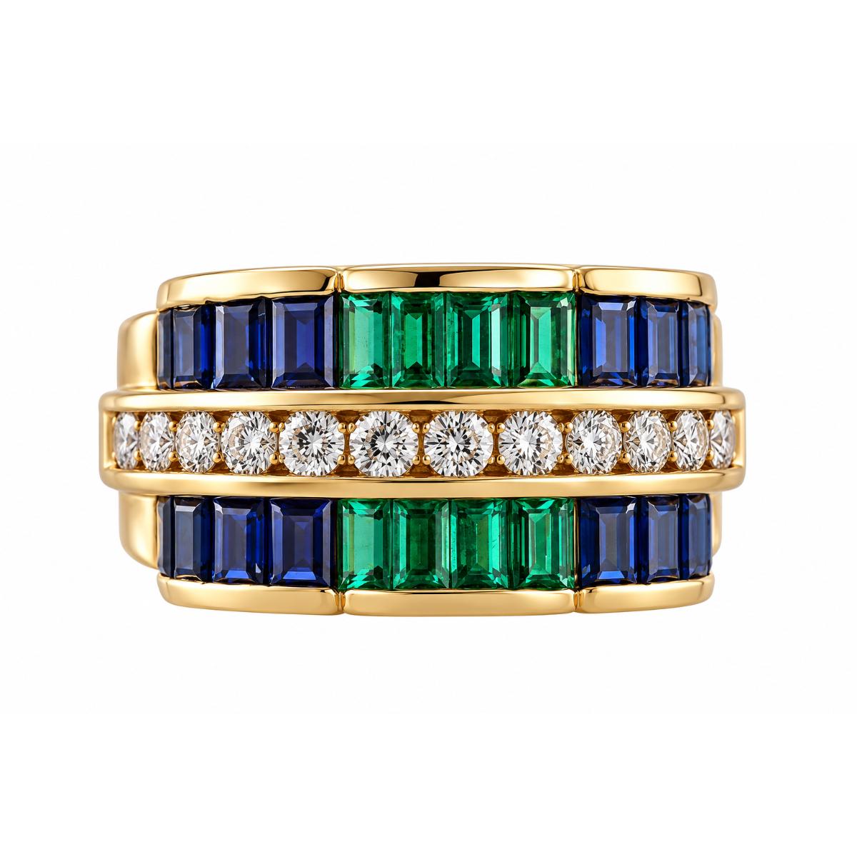 Charles Krypell 18k Gold Diamond Sapphire Emerald Ring