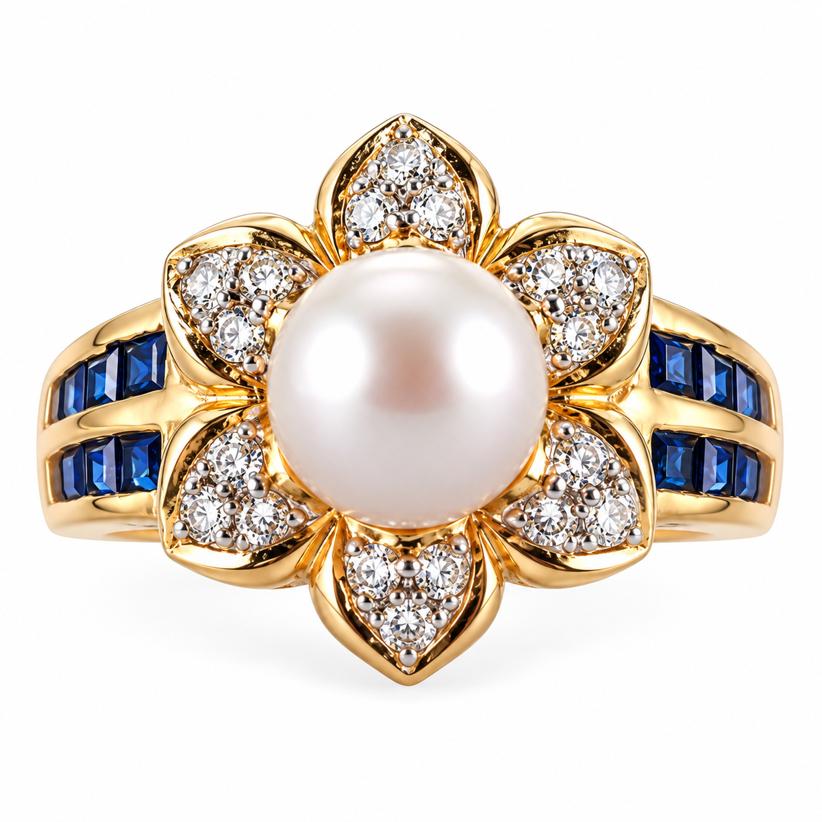 14k Yellow Gold Pearl Diamond Sapphire Ring