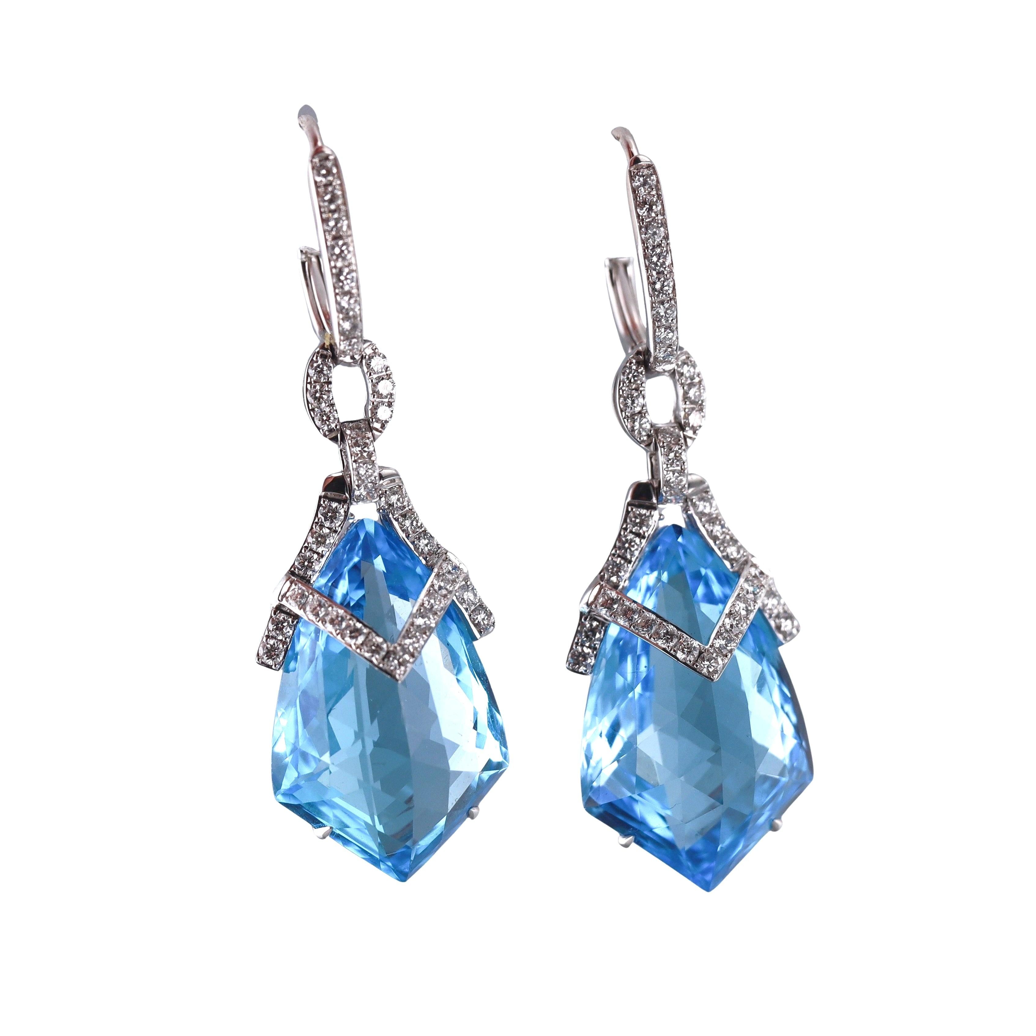 White Gold Diamond Blue Topaz Cocktail Drop Earrings
