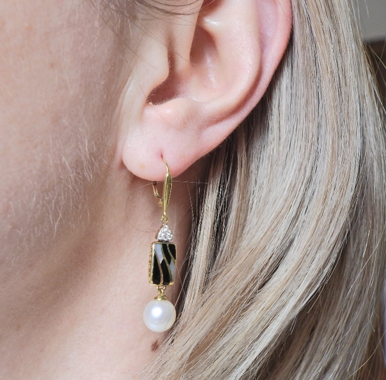 Asch Grossbardt Inlay Mother of Pearl Onyx Diamond Pearl Gold Earrings