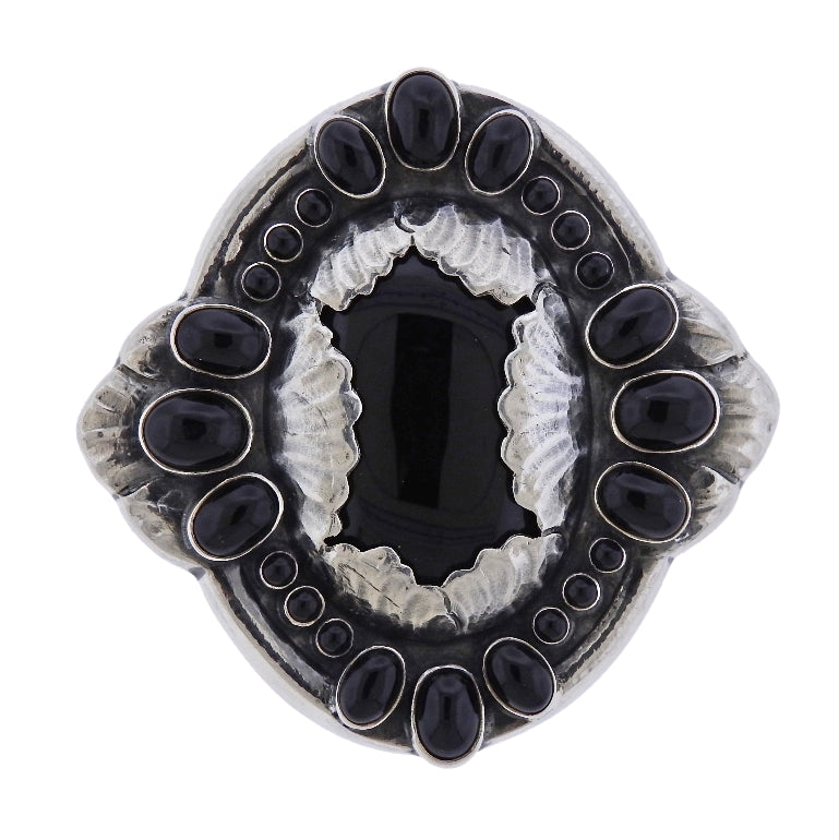 Georg Jensen Sterling Silver Black Agate Brooch Pin