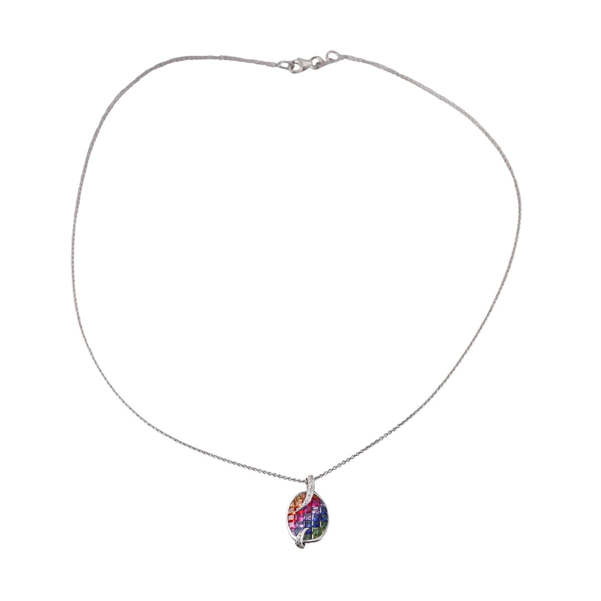 Italian 18k Gold Multi Color Sapphire Diamond Pendant Necklace