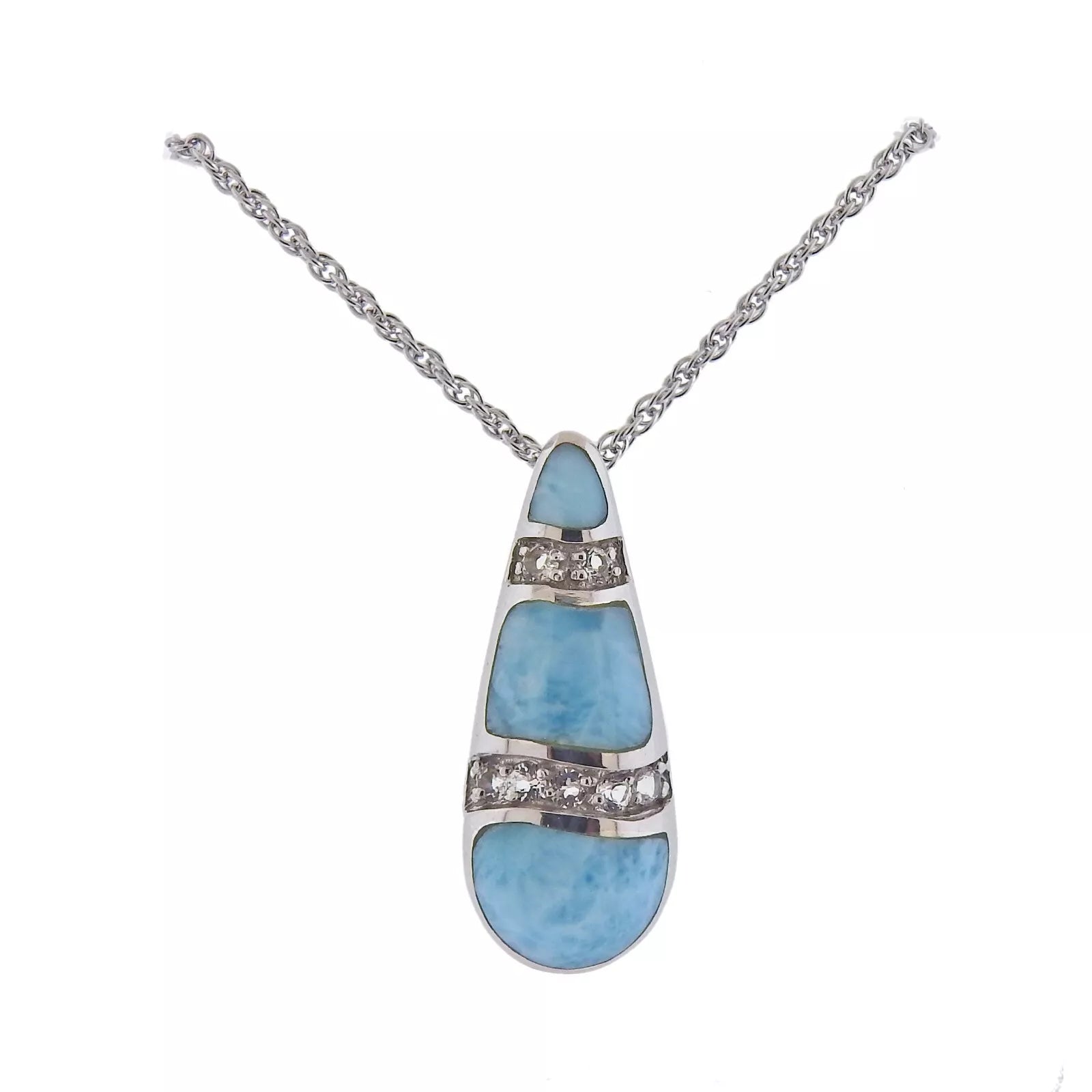 MarahLago Rina Silver Larimar White Sapphire Teardrop Pendant Necklace Retail $280