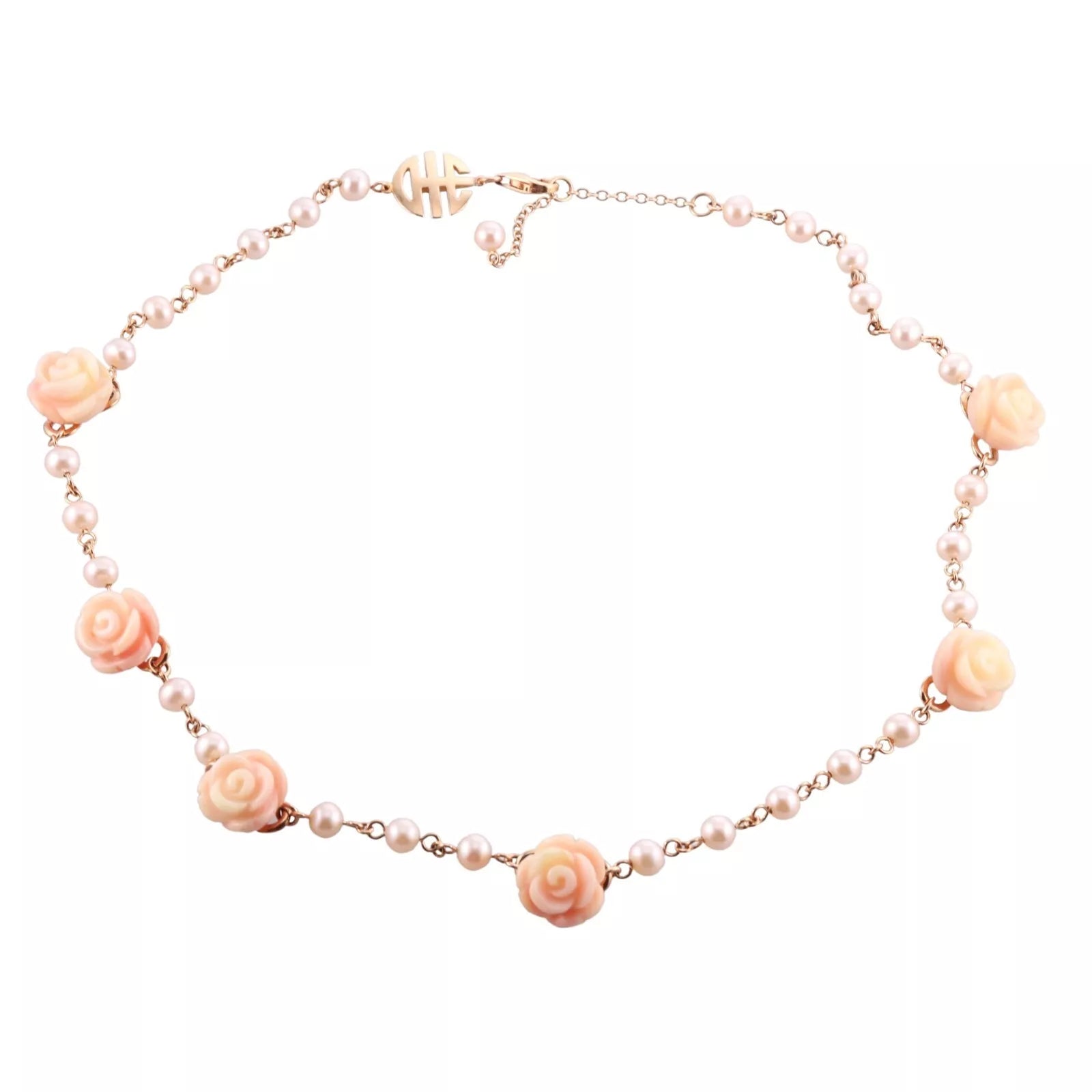 Mimi Milano 18k Gold Pearl Carved Coral Rose Flower Necklace