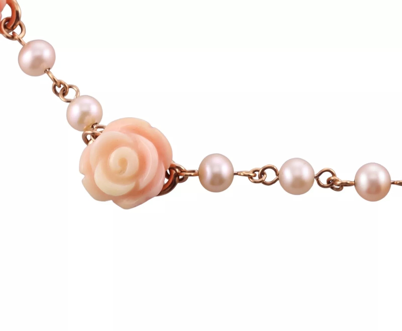 Mimi Milano 18k Gold Pearl Carved Coral Rose Flower Necklace