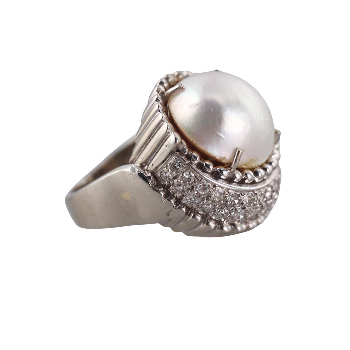 Midcentury 14k Gold Mabe Pearl Diamond Ring