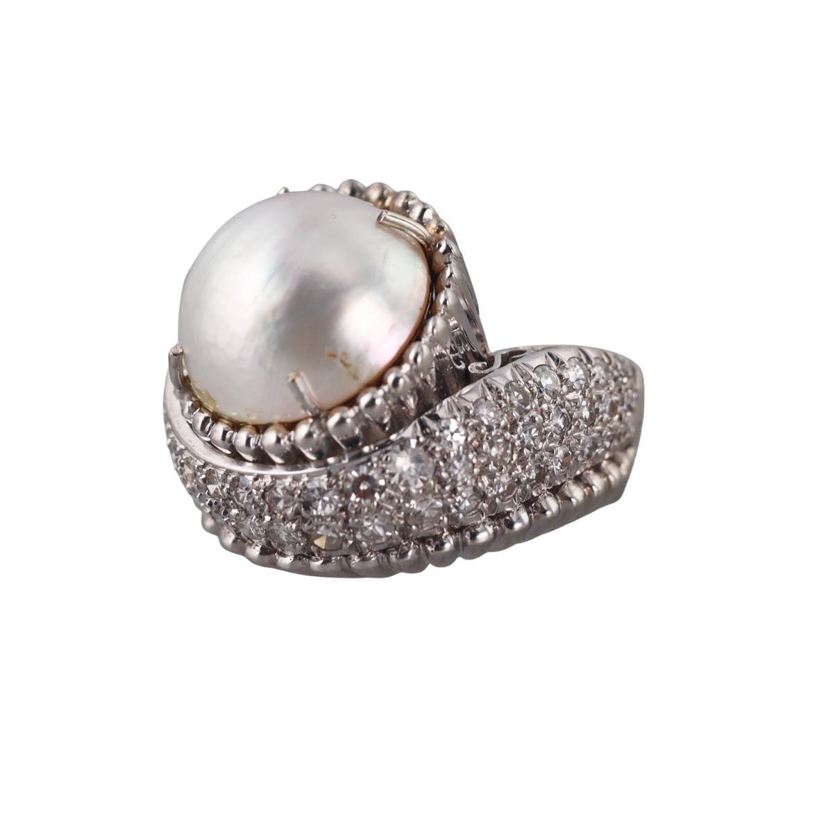 Midcentury 14k Gold Mabe Pearl Diamond Ring