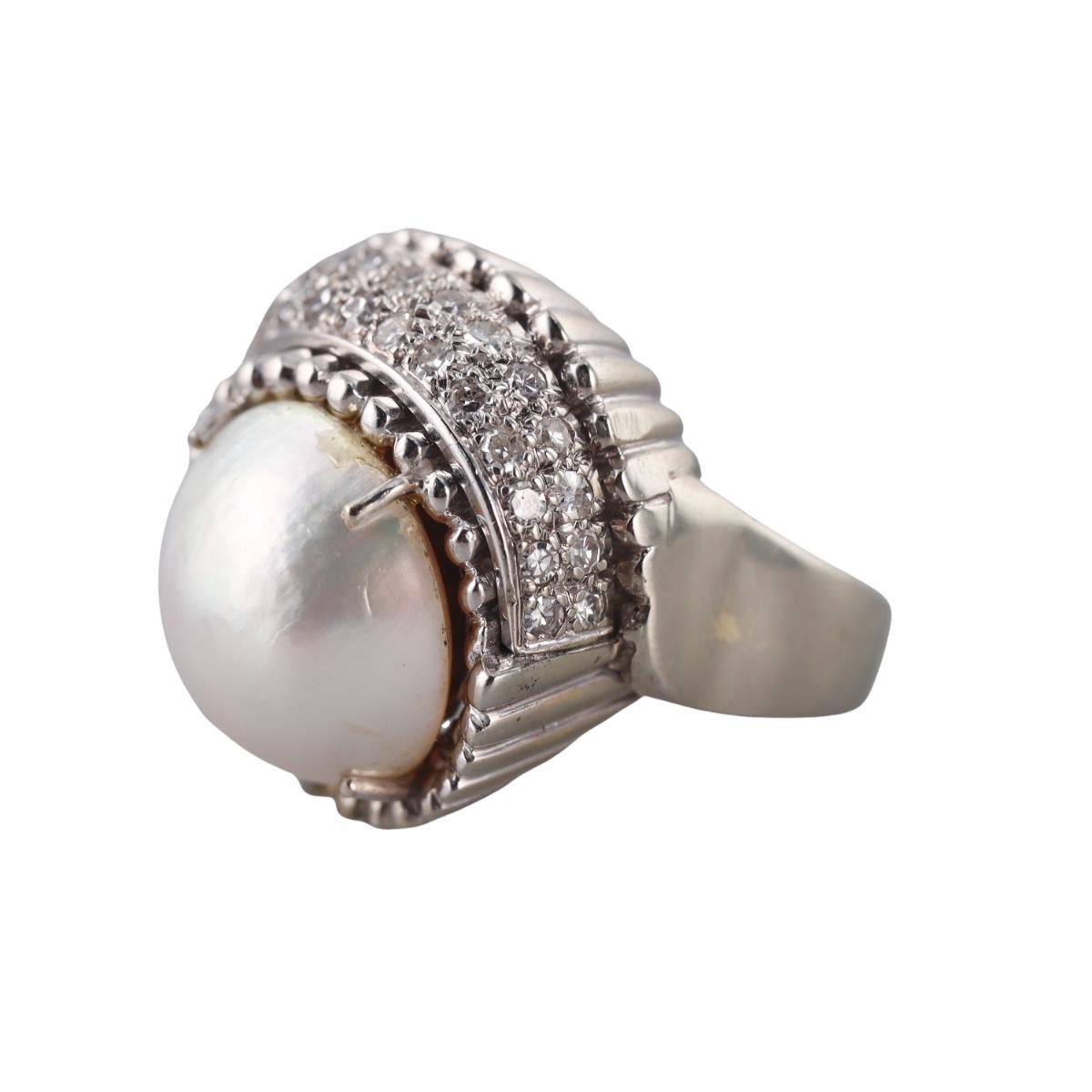 Midcentury 14k Gold Mabe Pearl Diamond Ring