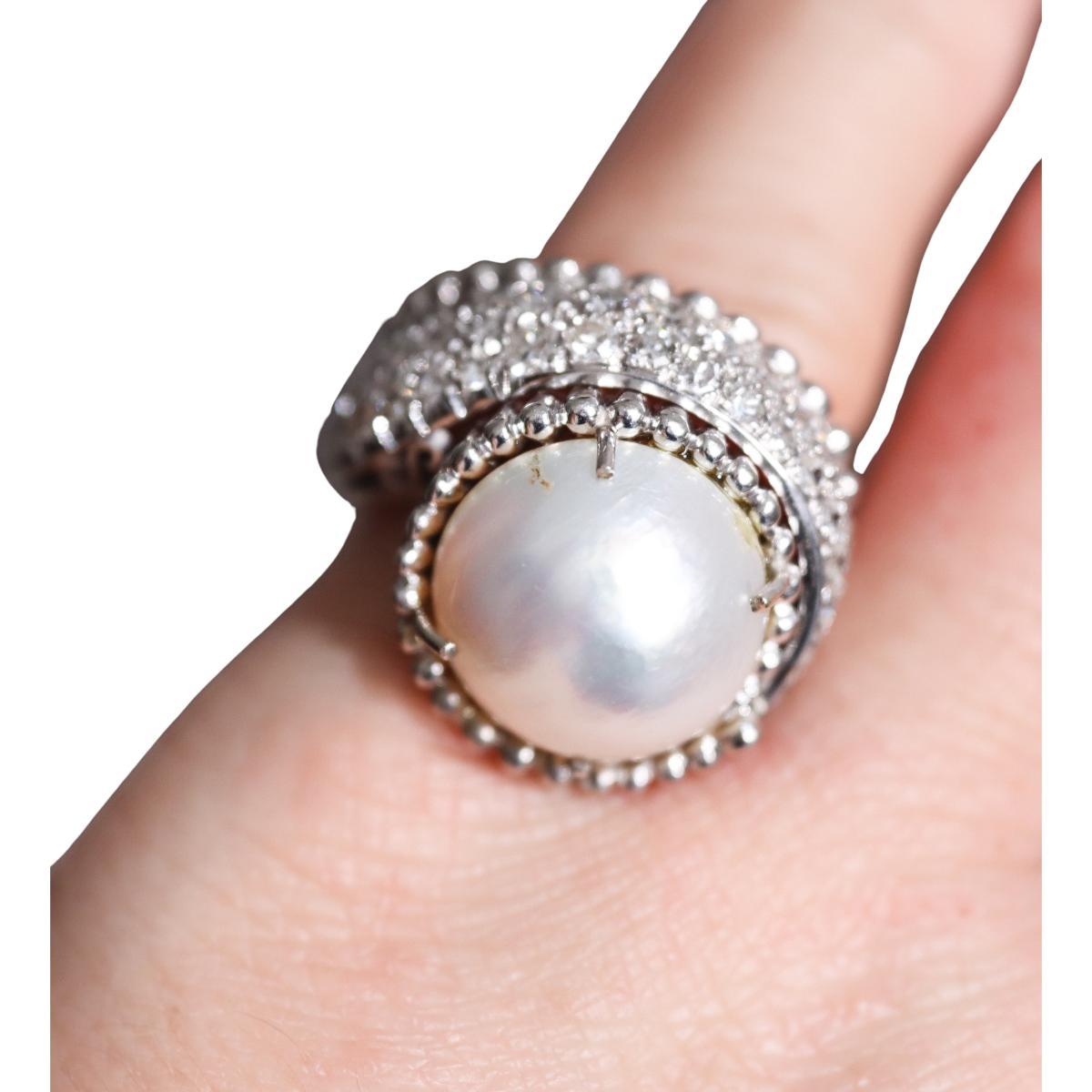 Midcentury 14k Gold Mabe Pearl Diamond Ring