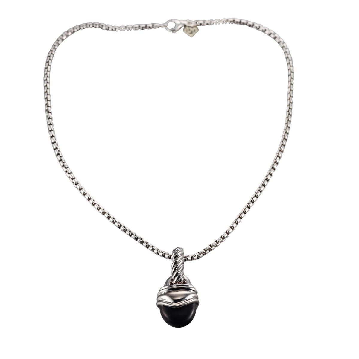 David Yurman Silver Box Chain Onyx Pendant Necklace