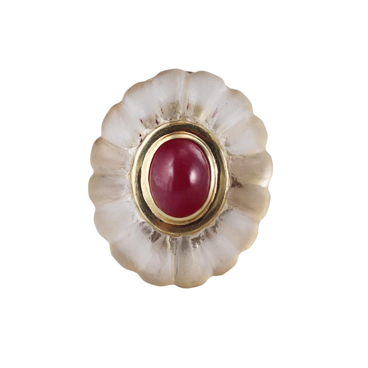 1980s 18k Gold Frosted Crystal Ruby Ring