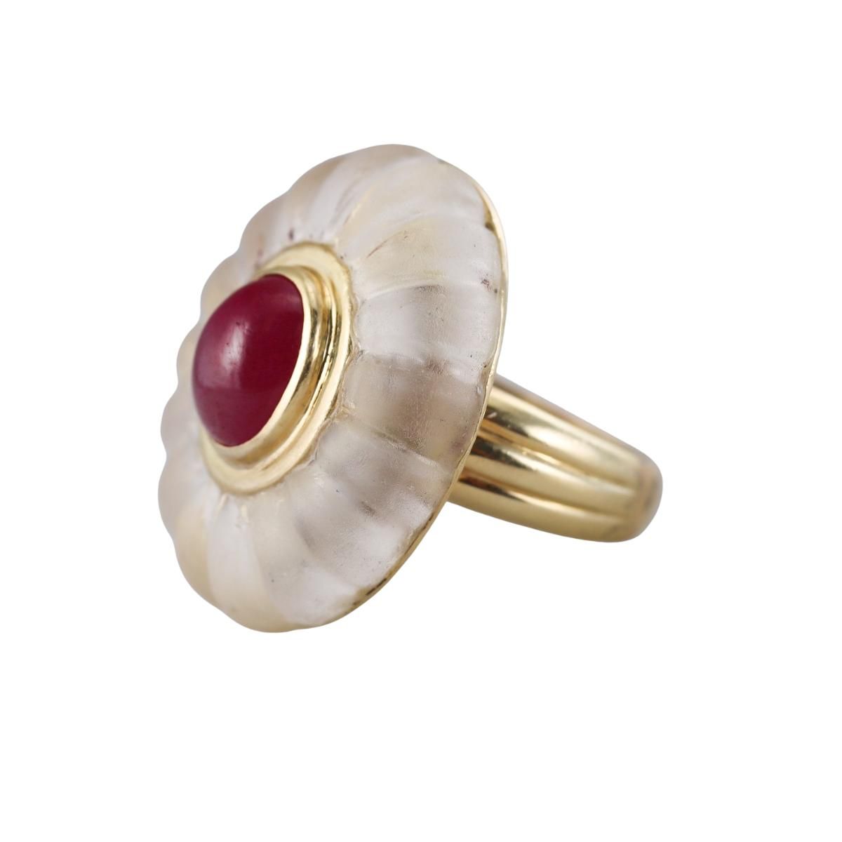 1980s 18k Gold Frosted Crystal Ruby Ring