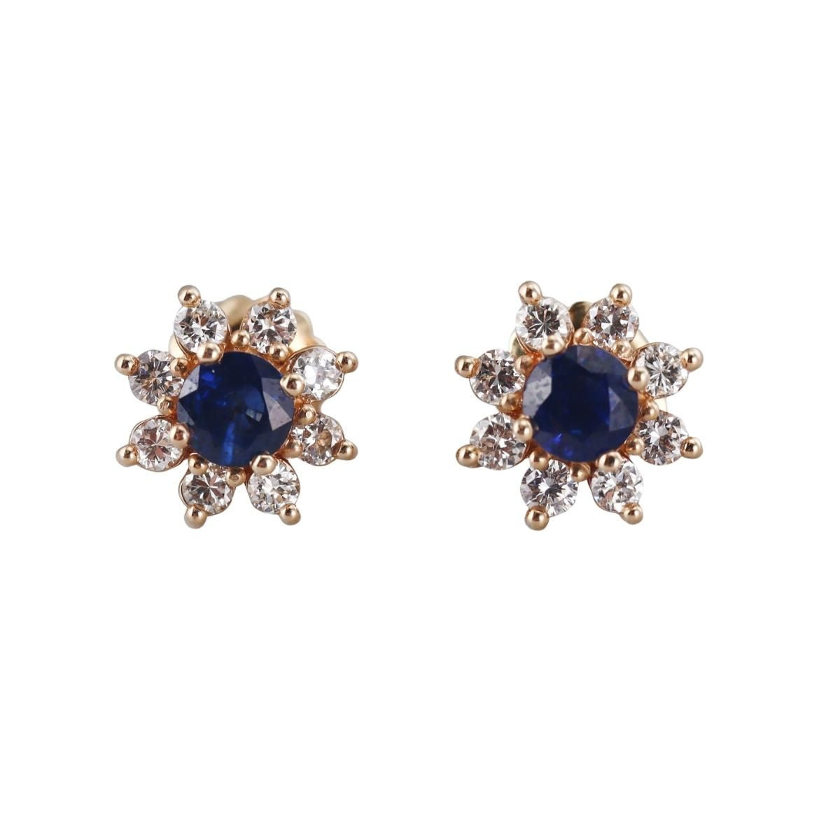 14k Gold Diamond Sapphire Cluster Stud Earrings
