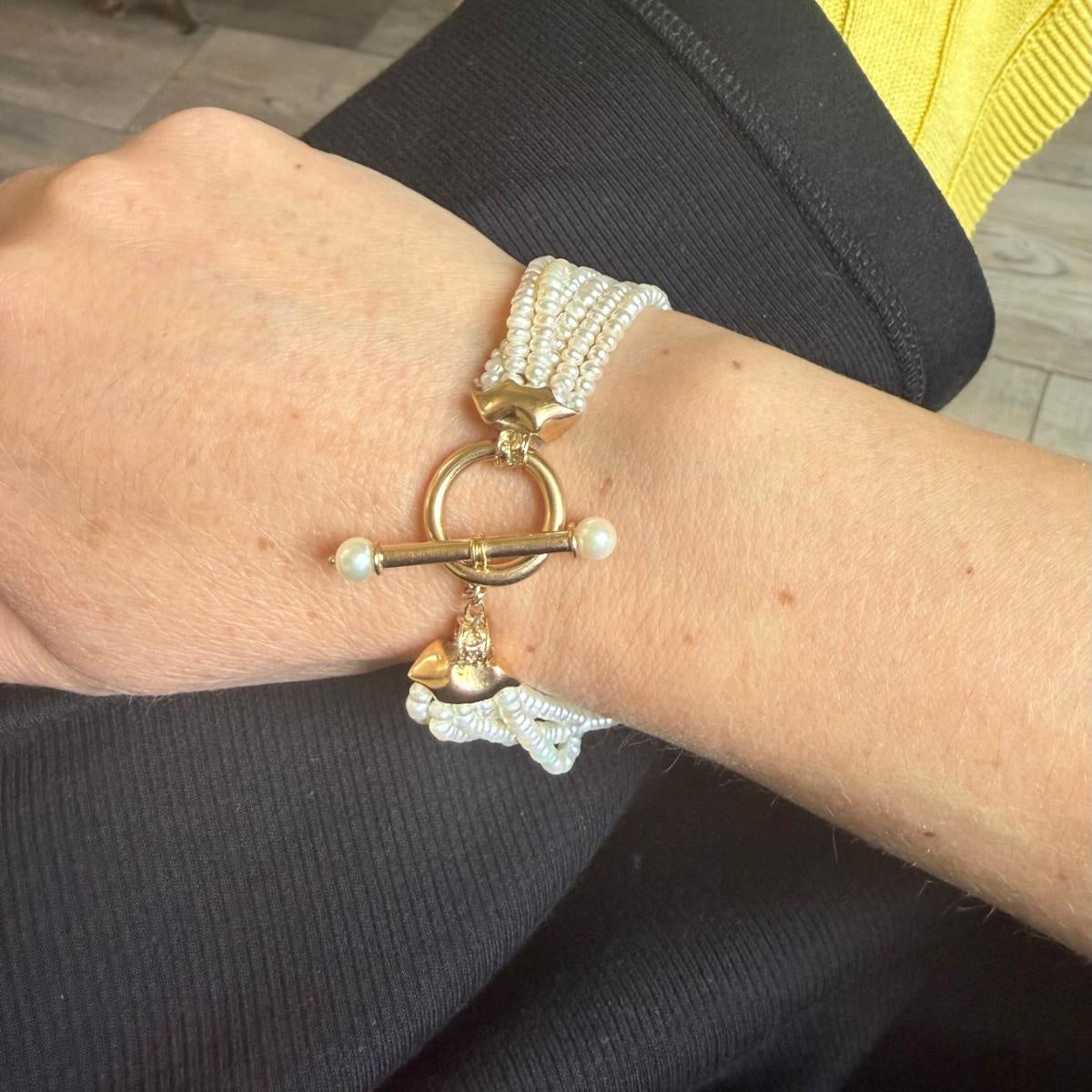 14k Gold Pearl Multi Strand Toggle Bracelet