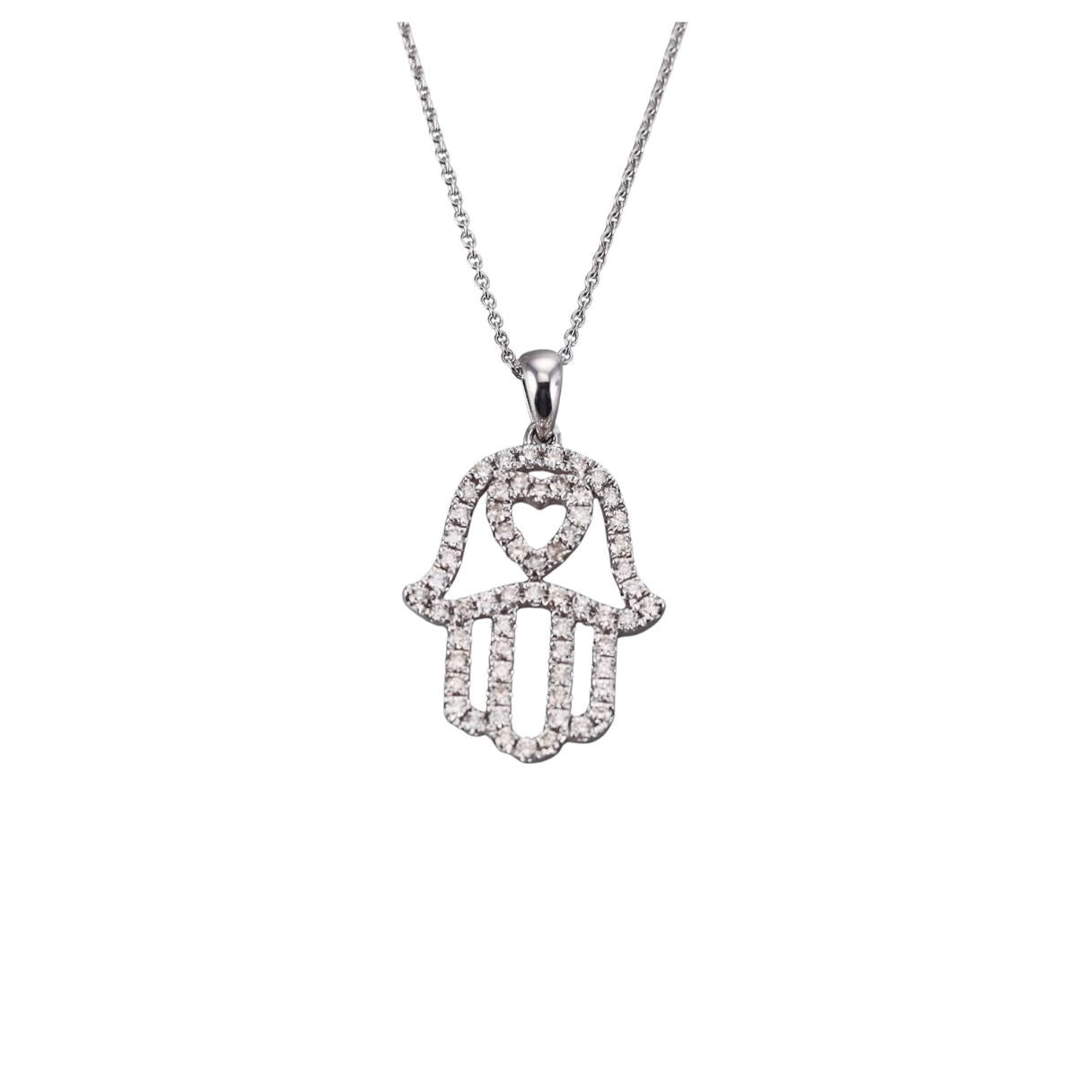 14k White Gold Diamond Hamsa Hand Pendant Necklace