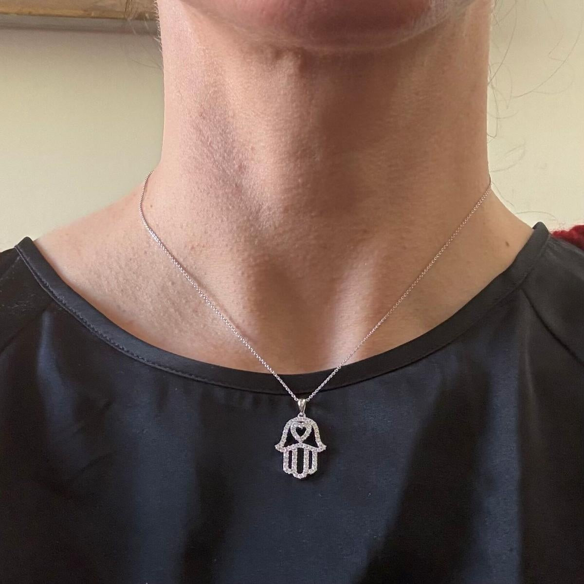 14k White Gold Diamond Hamsa Hand Pendant Necklace