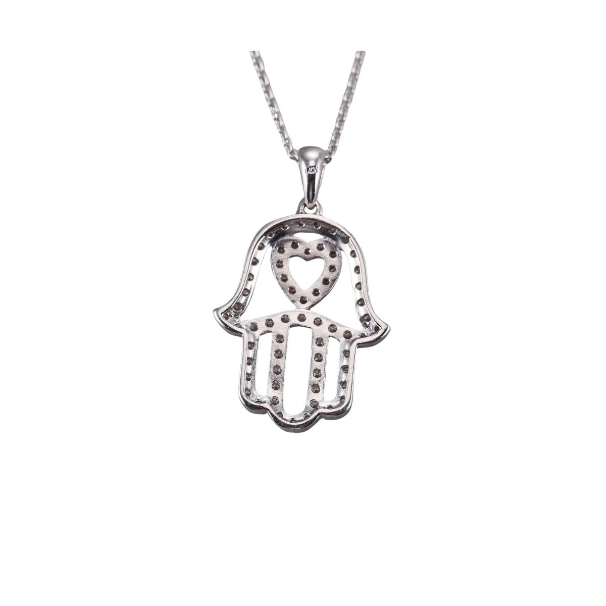 14k White Gold Diamond Hamsa Hand Pendant Necklace