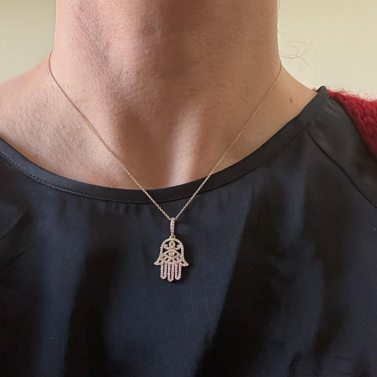 14k Yellow Gold Diamond Hamsa Hand Pendant Necklace