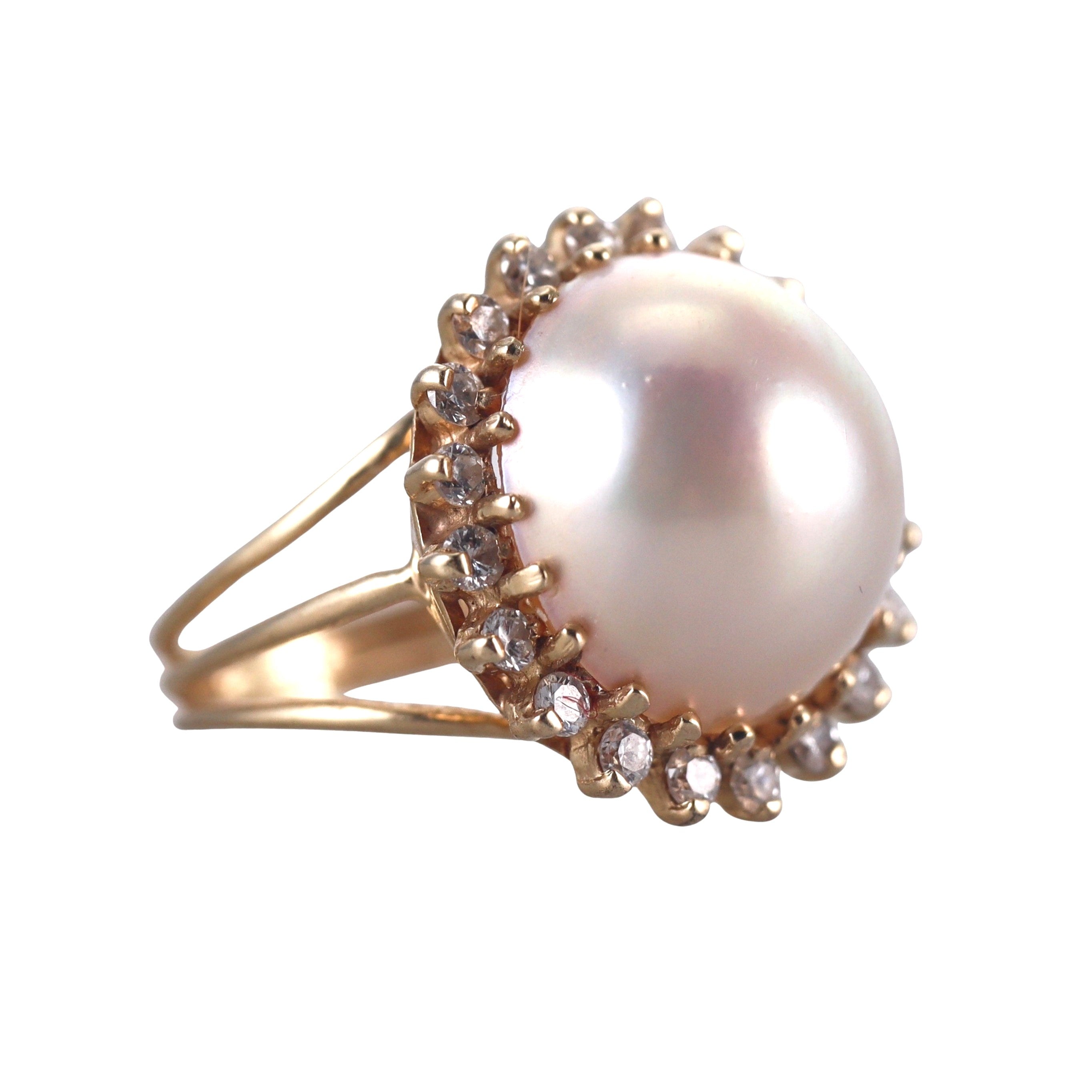 14k Yellow Gold Pearl Diamond Ring